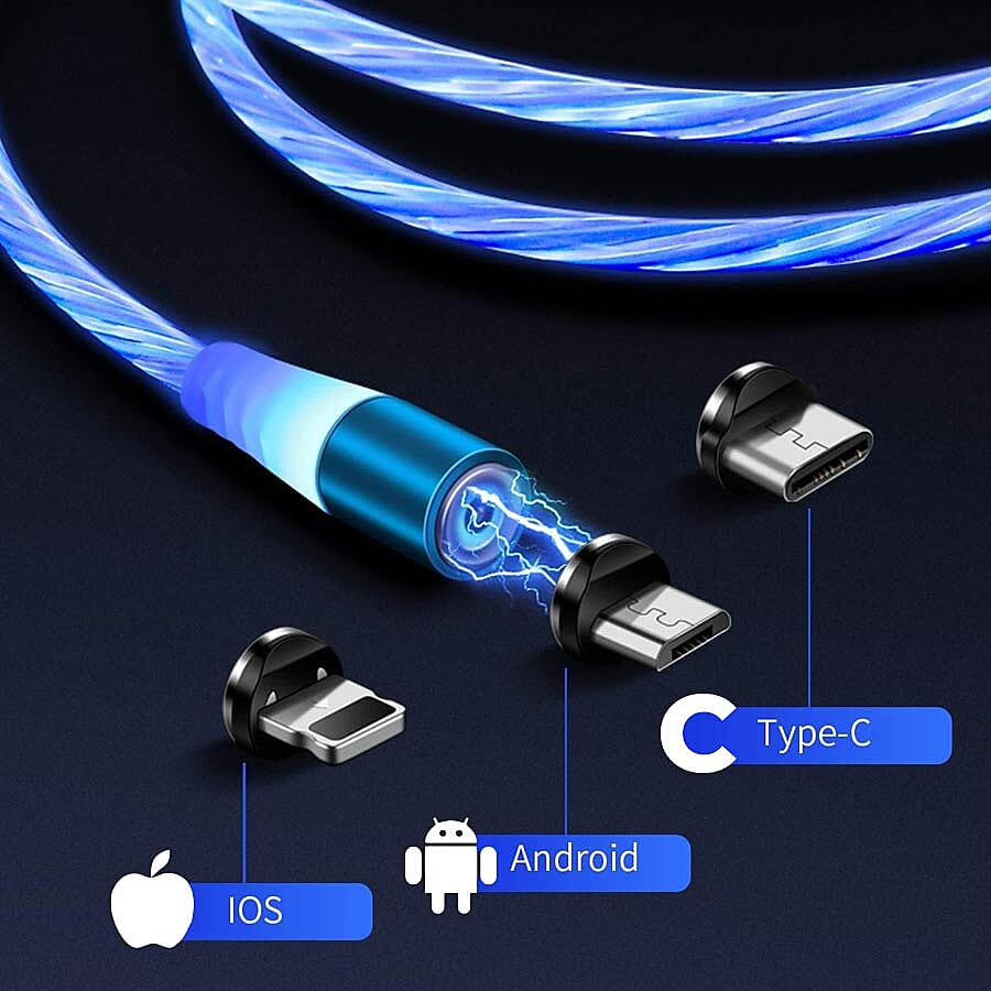 Set of 2 - USB Cable with 3 Magnetic Tips (Lightning, Type-C and Micro USB) and Flowing LED Lights - Blue