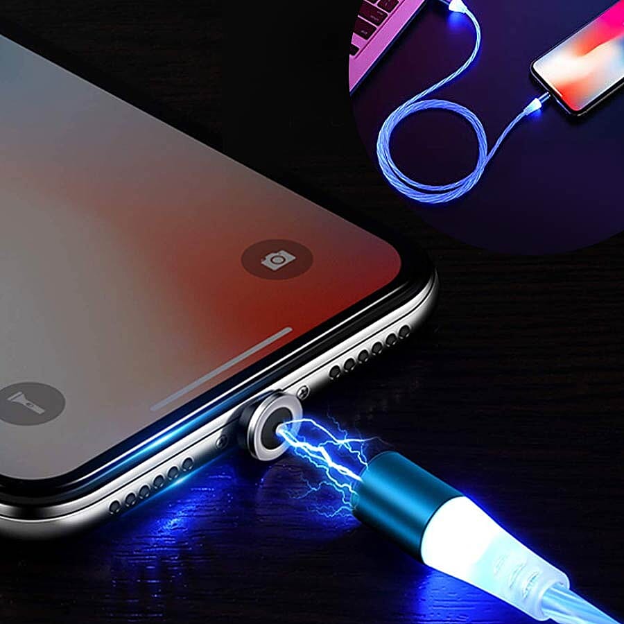 Set of 2 - USB Cable with 3 Magnetic Tips (Lightning, Type-C and Micro USB) and Flowing LED Lights - Blue