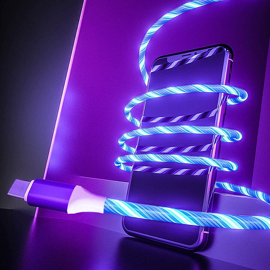 Set of 2 - USB Cable with 3 Magnetic Tips (Lightning, Type-C and Micro USB) and Flowing LED Lights - Blue