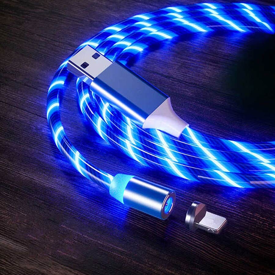 Set of 2 - USB Cable with 3 Magnetic Tips (Lightning, Type-C and Micro USB) and Flowing LED Lights - Blue