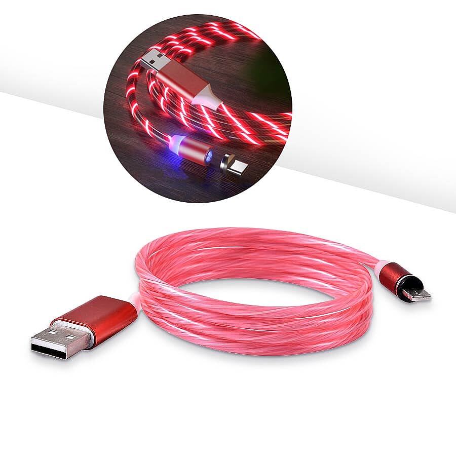 Set of 2 - USB Cable with 3 Magnetic Tips (Charger, Type-C and Micro USB) and Flowing LED Lights - Red