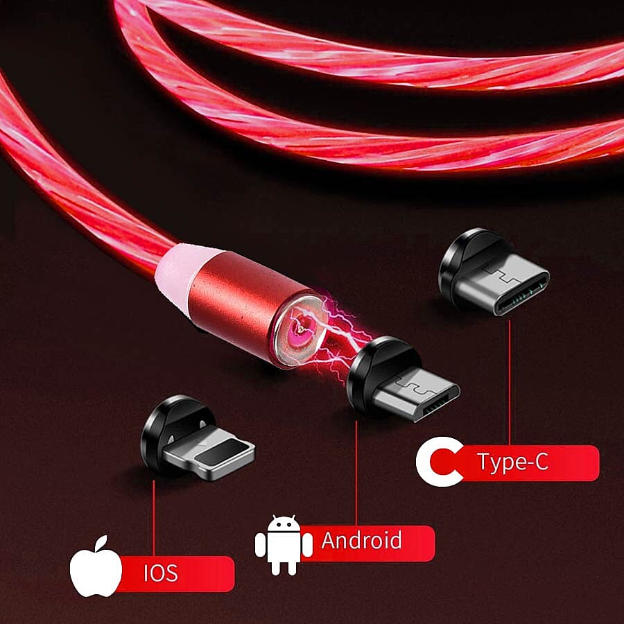 Set of 2 - USB Cable with 3 Magnetic Tips (Charger, Type-C and Micro USB) and Flowing LED Lights - Red