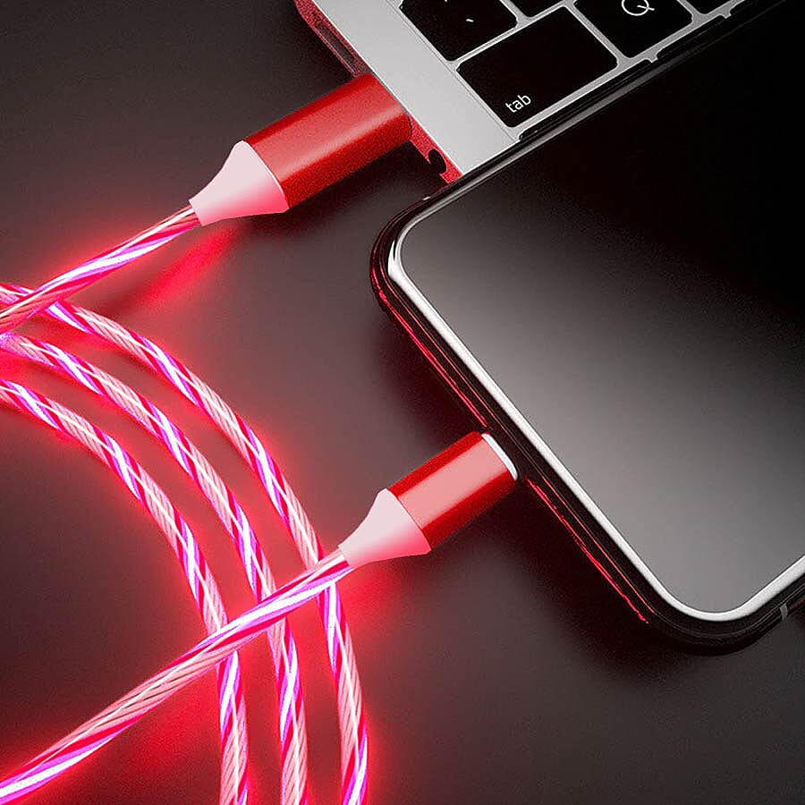 Set of 2 - USB Cable with 3 Magnetic Tips (Charger, Type-C and Micro USB) and Flowing LED Lights - Red