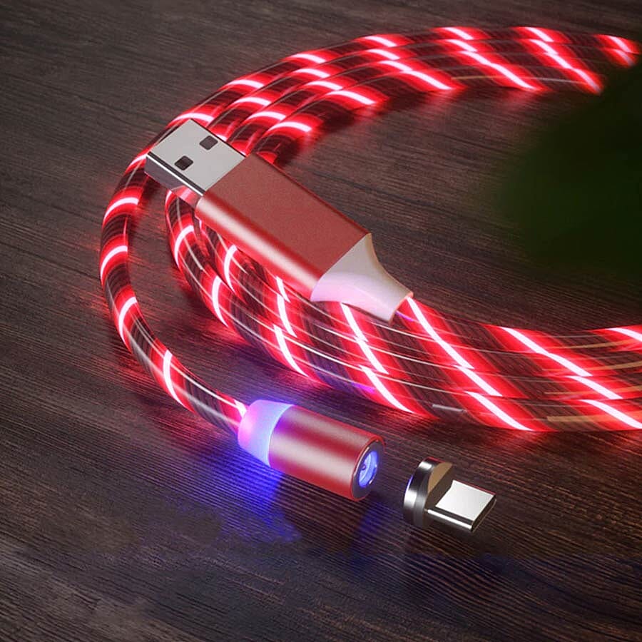 Set of 2 - USB Cable with 3 Magnetic Tips (Charger, Type-C and Micro USB) and Flowing LED Lights - Red