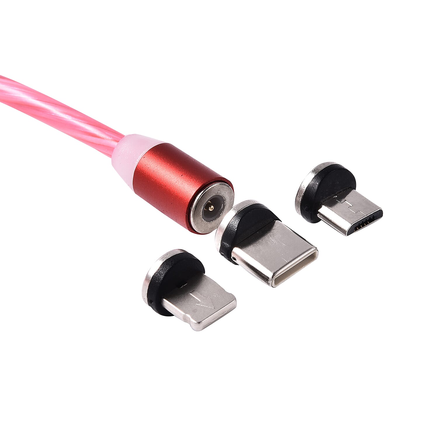Set of 2 - USB Cable with 3 Magnetic Tips (Charger, Type-C and Micro USB) and Flowing LED Lights - Red