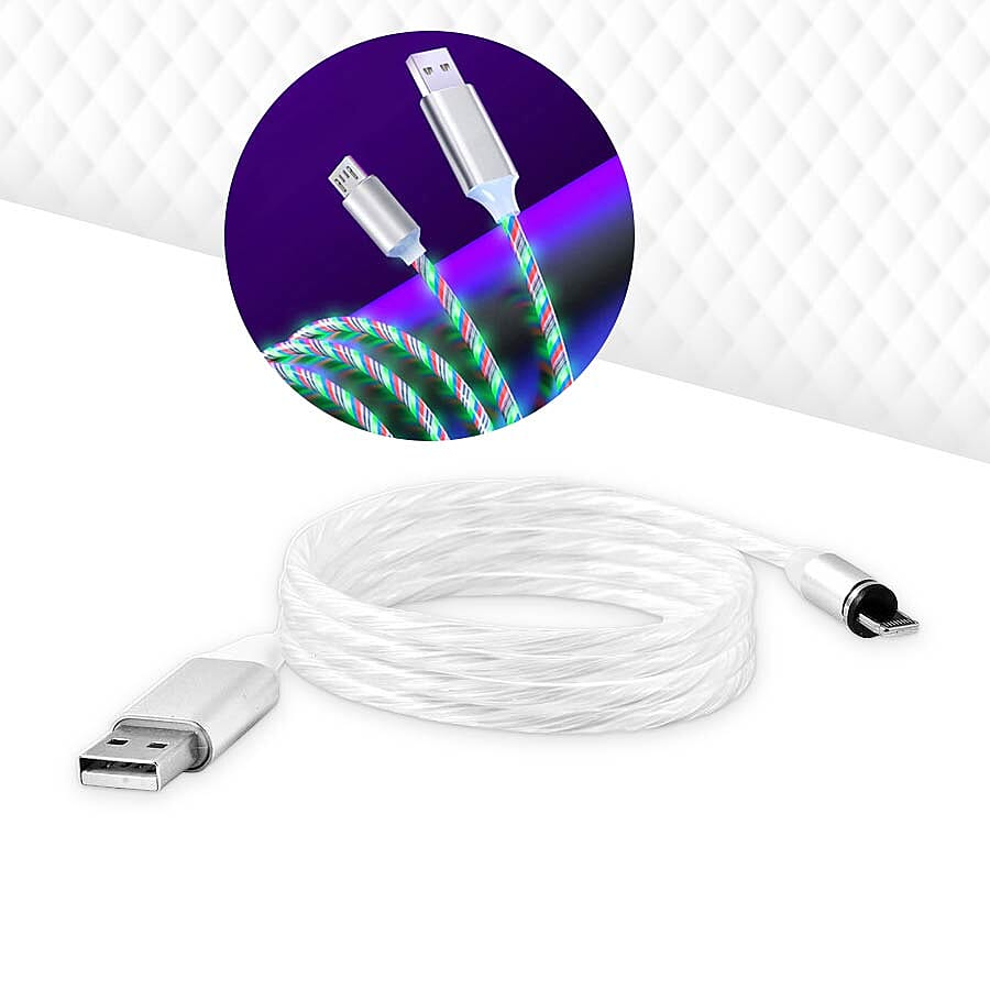 Set of 2 - USB Cable with 3 Magnetic Tips (Lightning, Type-C and Micro USB) and Flowing LED Lights - White