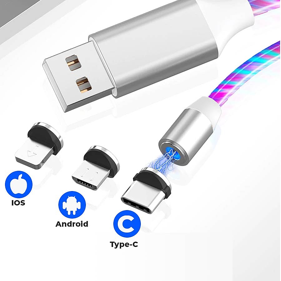 Set of 2 - USB Cable with 3 Magnetic Tips (Lightning, Type-C and Micro USB) and Flowing LED Lights - White