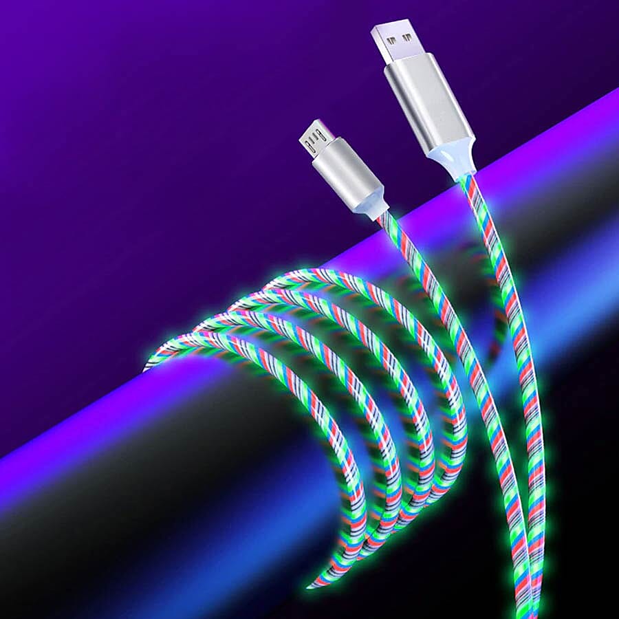 Set of 2 - USB Cable with 3 Magnetic Tips (Lightning, Type-C and Micro USB) and Flowing LED Lights - White