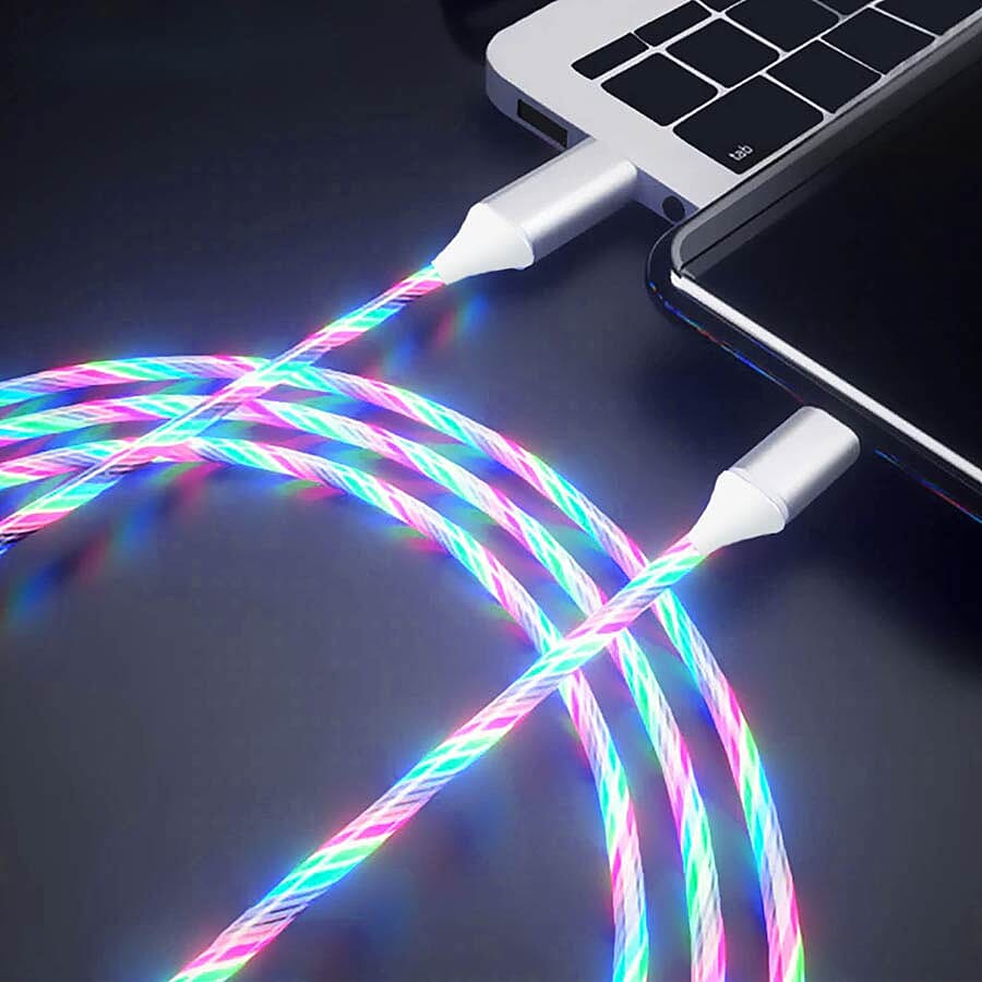 Set of 2 - USB Cable with 3 Magnetic Tips (Lightning, Type-C and Micro USB) and Flowing LED Lights - White