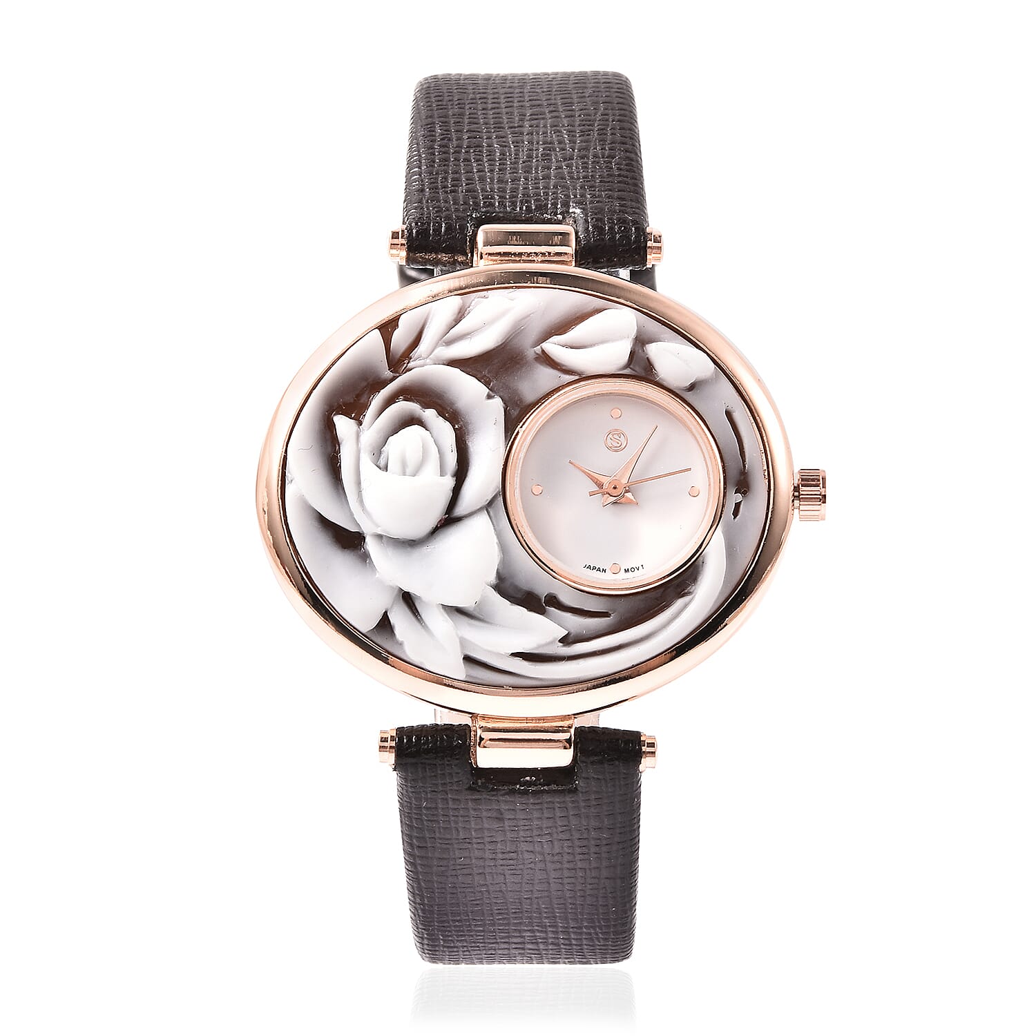 STRADA Japanese Movement Rose Carved Dial Rose Tone Watch with Dark Brown Strap