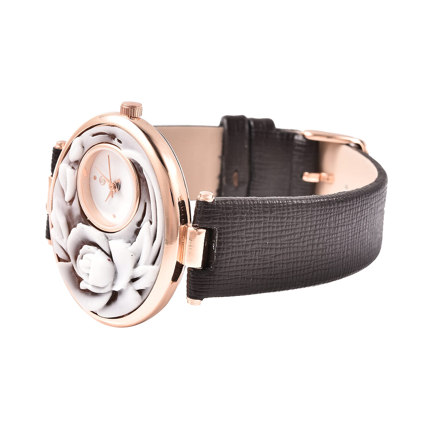 STRADA Japanese Movement Rose Carved Dial Rose Tone Watch with Dark Brown Strap
