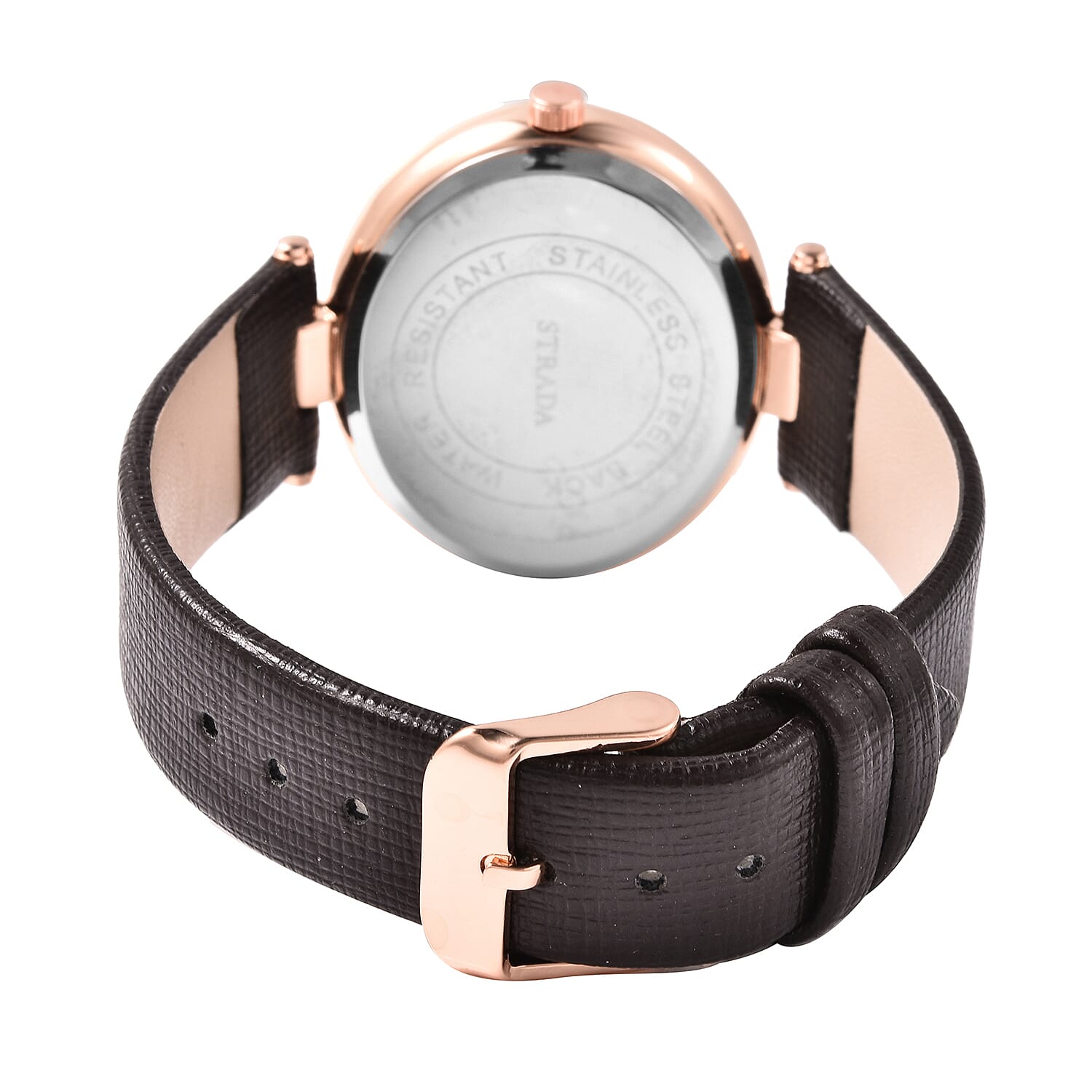 STRADA Japanese Movement Rose Carved Dial Rose Tone Watch with Dark Brown Strap