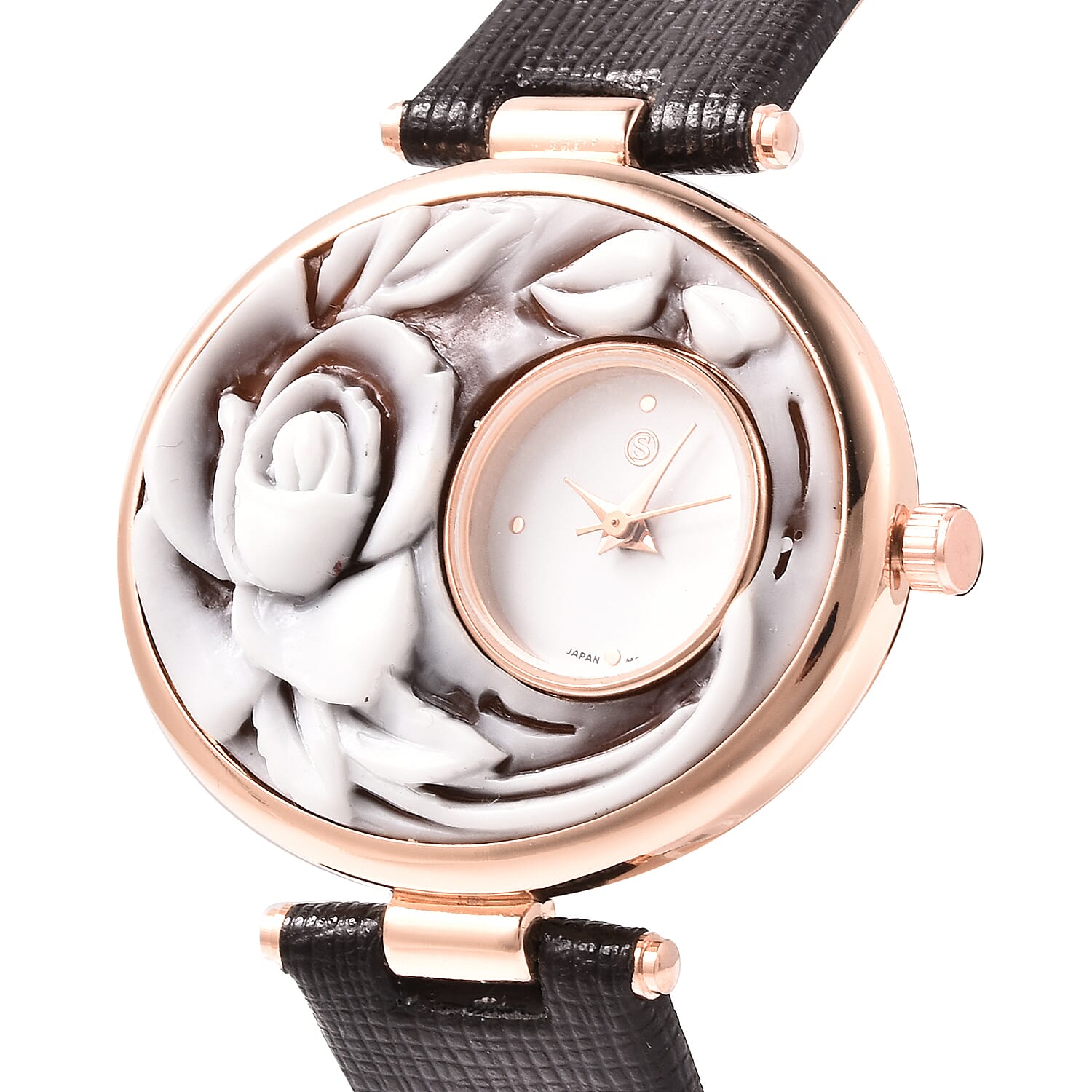 STRADA Japanese Movement Rose Carved Dial Rose Tone Watch with Dark Brown Strap