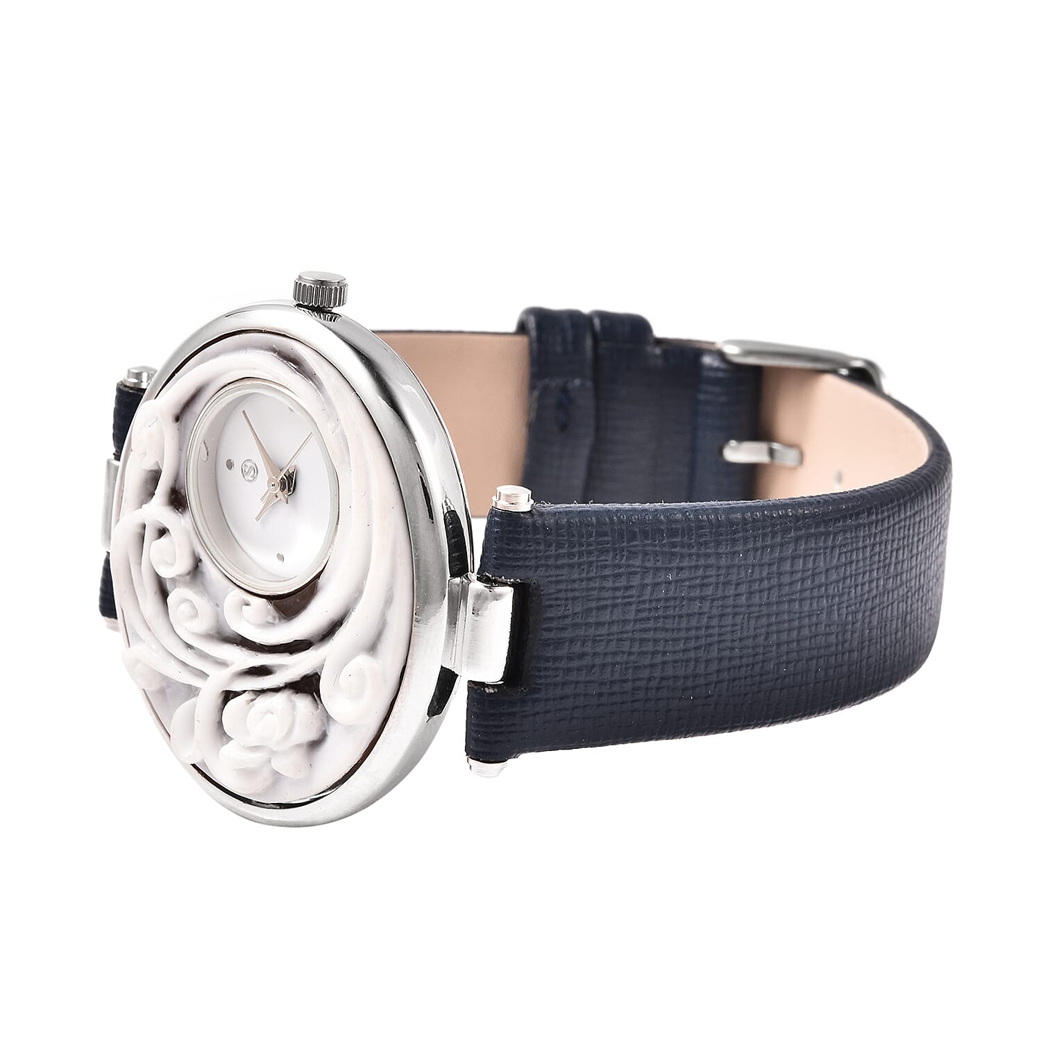 STRADA Japanese Movement Flower Carved Dial Watch with Navy Blue Strap