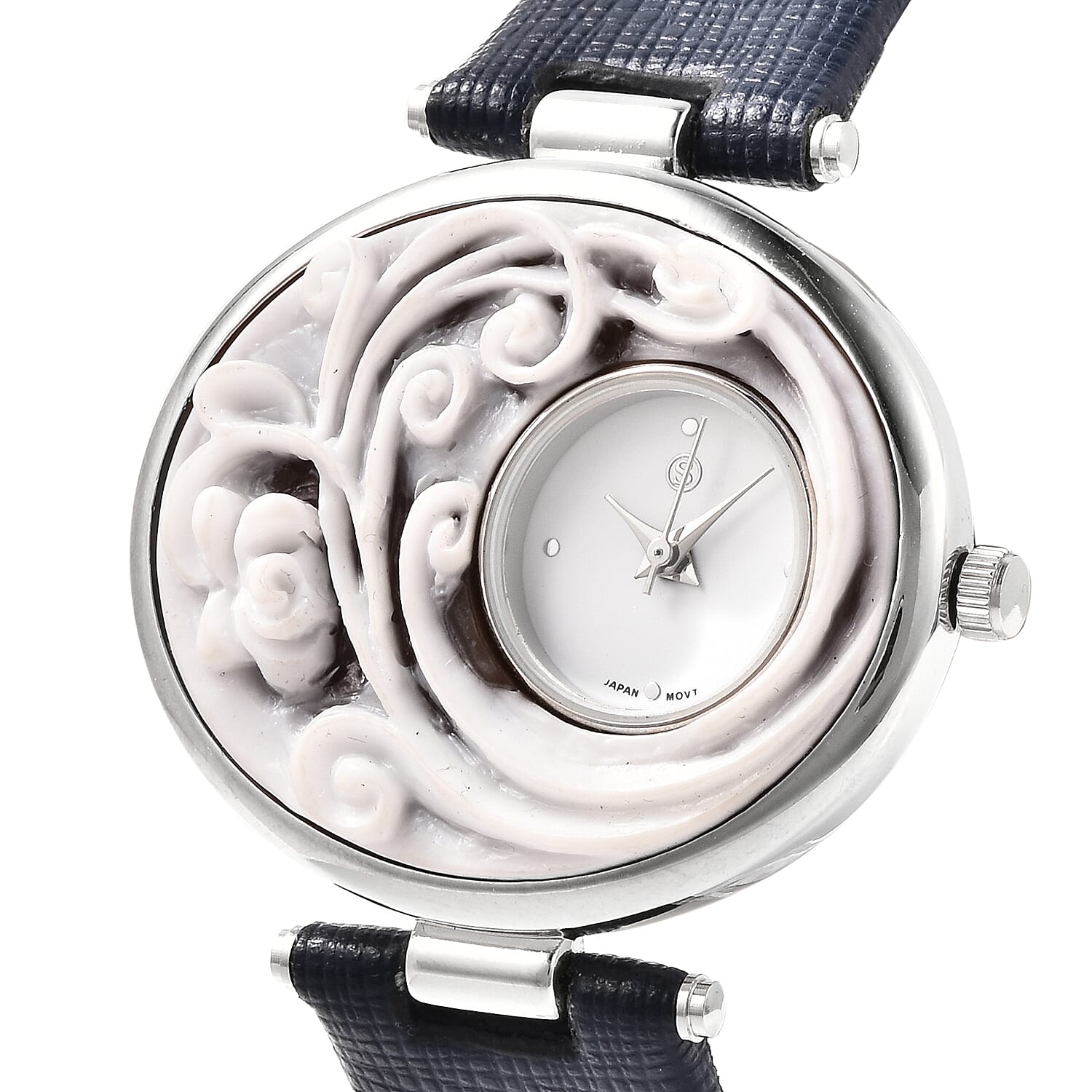 STRADA Japanese Movement Flower Carved Dial Watch with Navy Blue Strap
