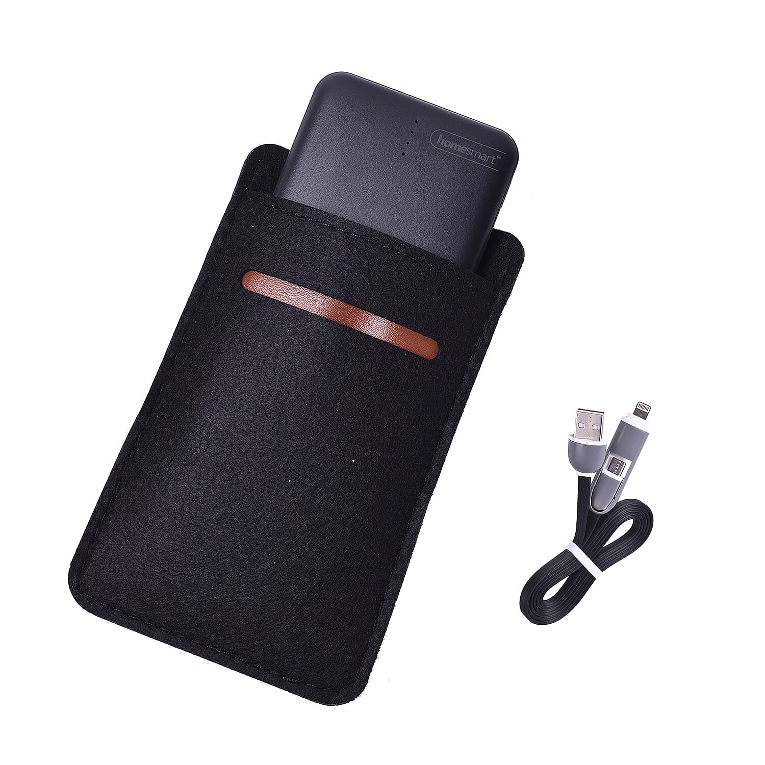 3 piece Set - 10000mAh Power Bank, 2 in 1 Charging Cable and Sleeve - Black