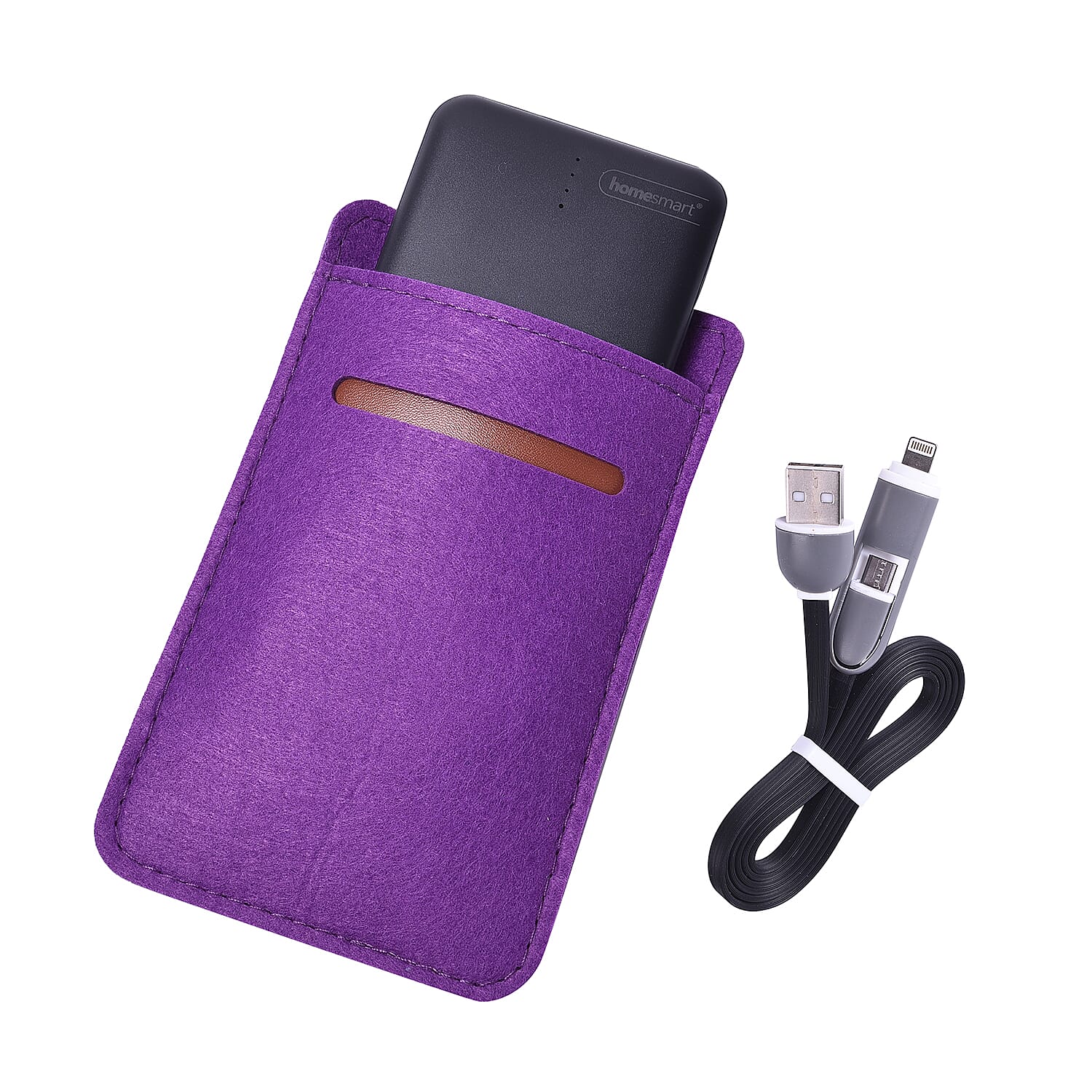 3 piece Set - 10000mAh Power Bank, 2 in 1 Charging Cable and Sleeve - Black & Purple