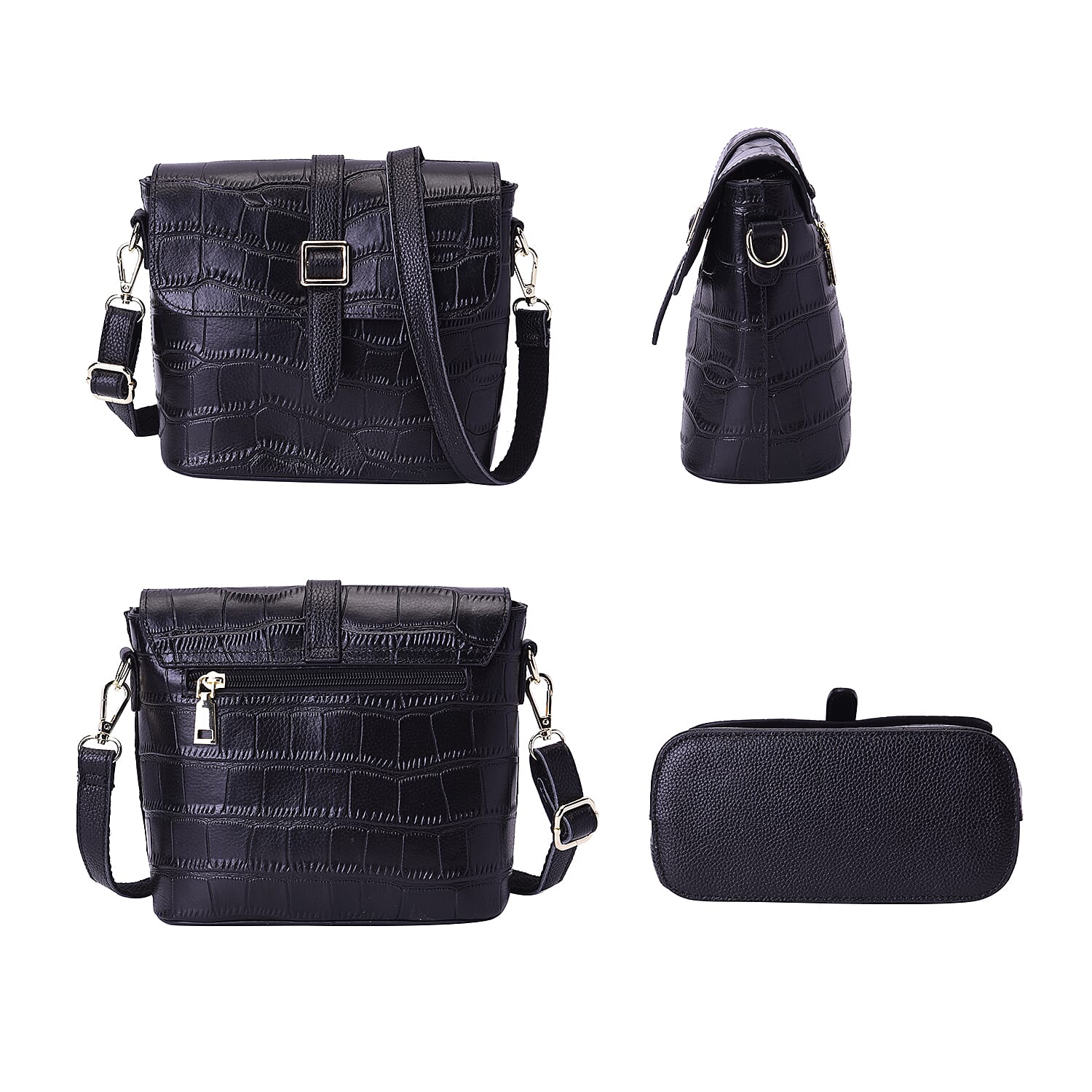 100% Genuine Leather Croc Pattern Crossbody Bag (20x9.5x18cm) - Black