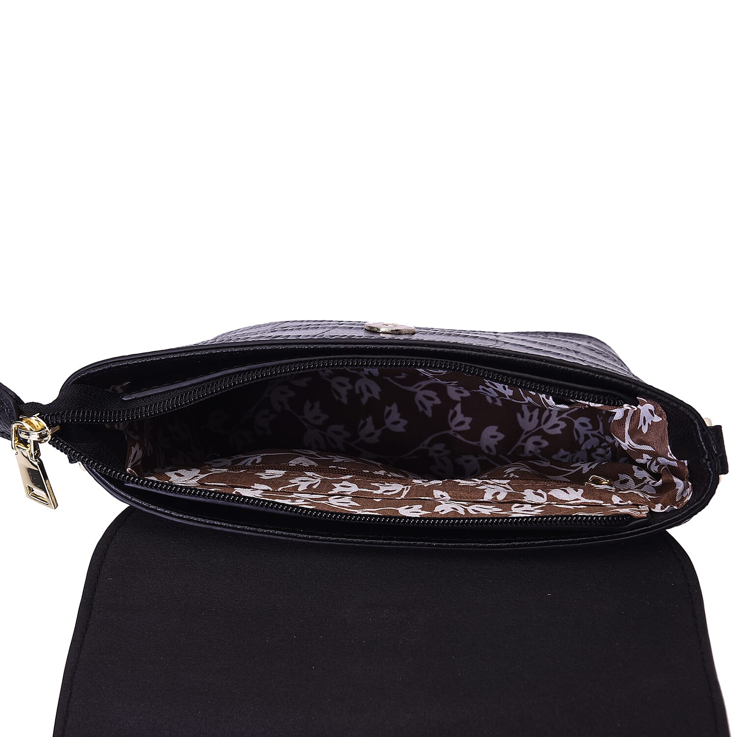 100% Genuine Leather Croc Pattern Crossbody Bag (20x9.5x18cm) - Black