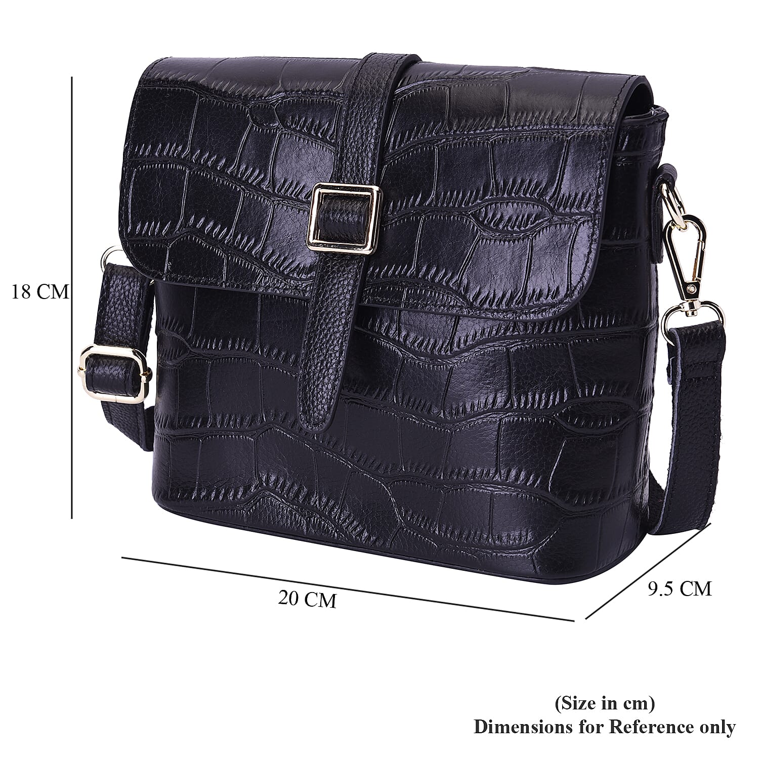 100% Genuine Leather Croc Pattern Crossbody Bag (20x9.5x18cm) - Black