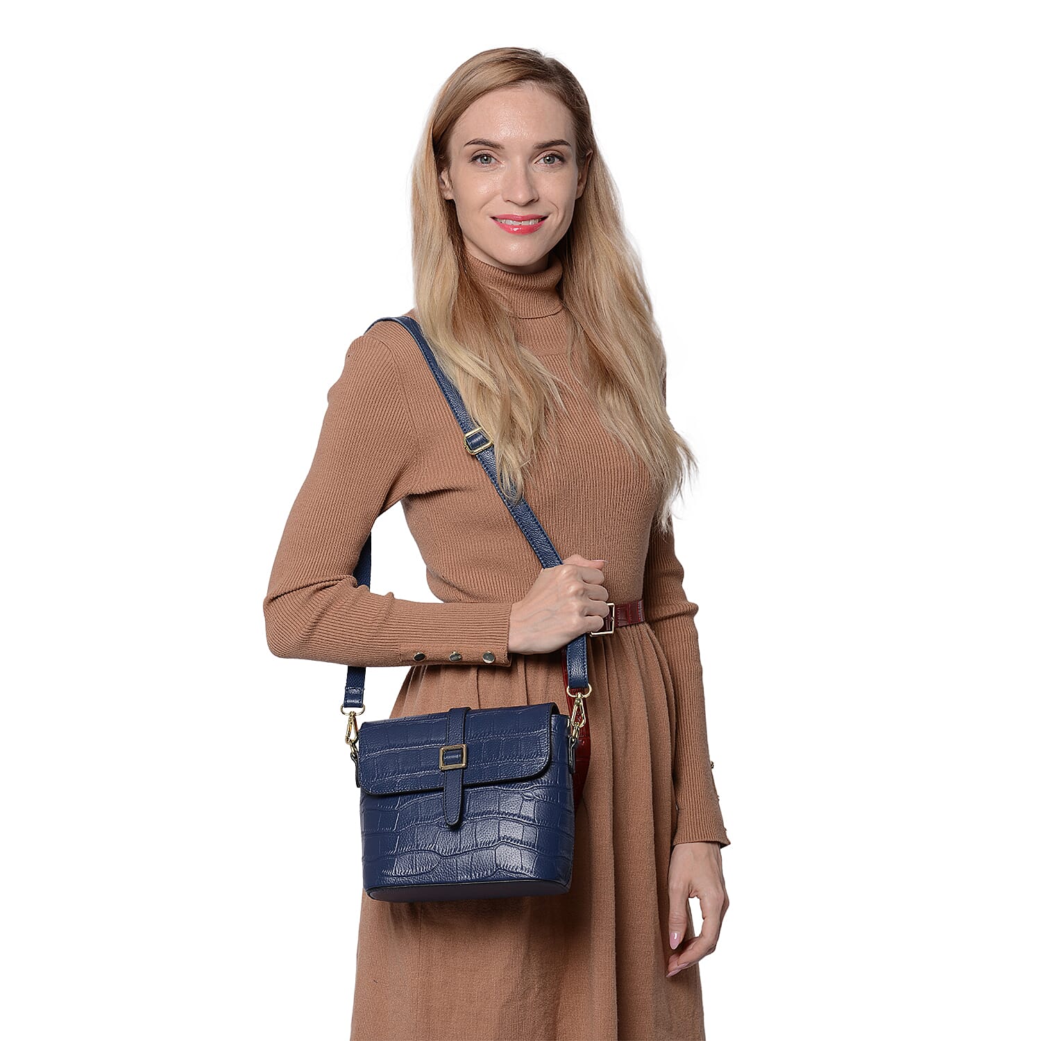 100% Genuine Leather Croc Pattern Crossbody Bag (20x9.5x18cm) - Black