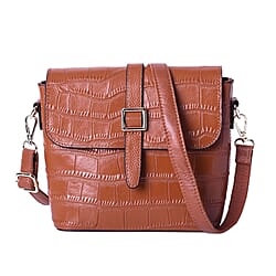 100% Genuine Leather Croc Pattern Crossbody Bag (20x9.5x18cm) - Tan