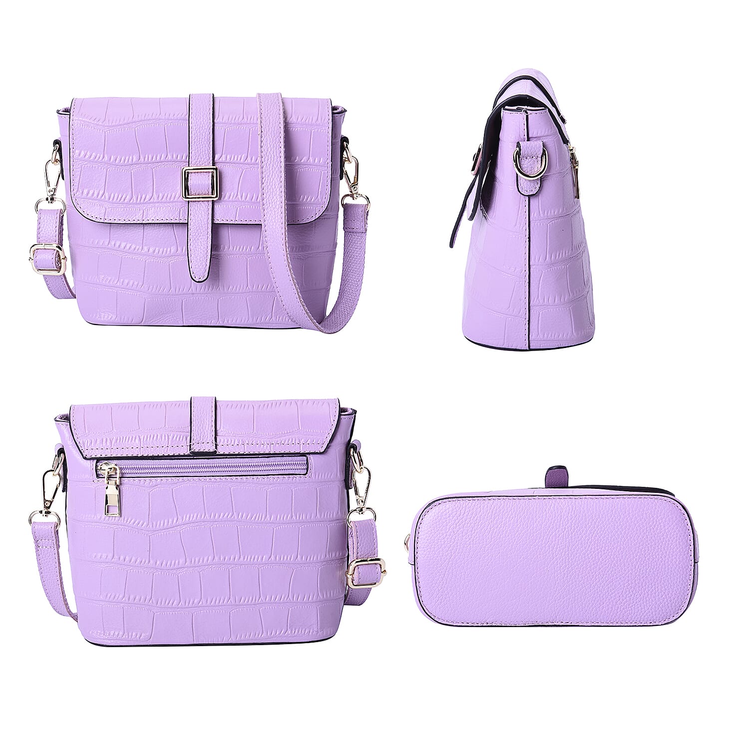 100% Genuine Leather Croc Pattern Crossbody Bag (20x9.5x18cm) - Black