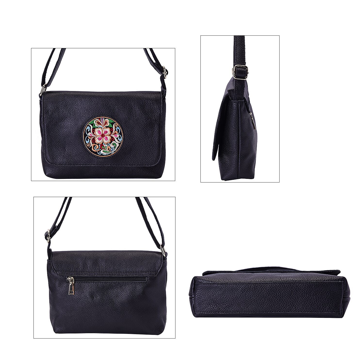  Genuine Leather Adjustable Crossbody Bag (25x18x7cm) with Embroidered Flower Pattern - Black