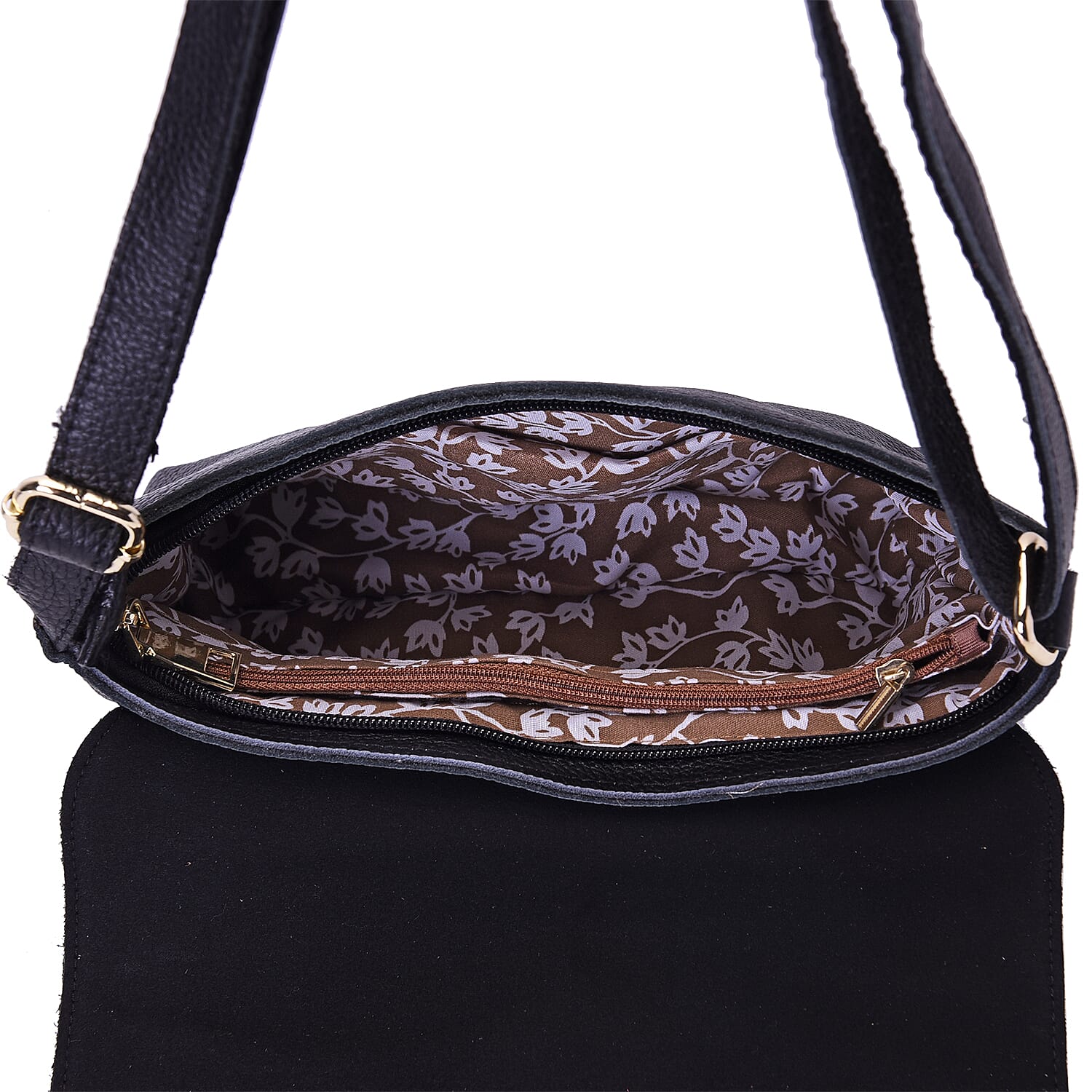  Genuine Leather Adjustable Crossbody Bag (25x18x7cm) with Embroidered Flower Pattern - Black