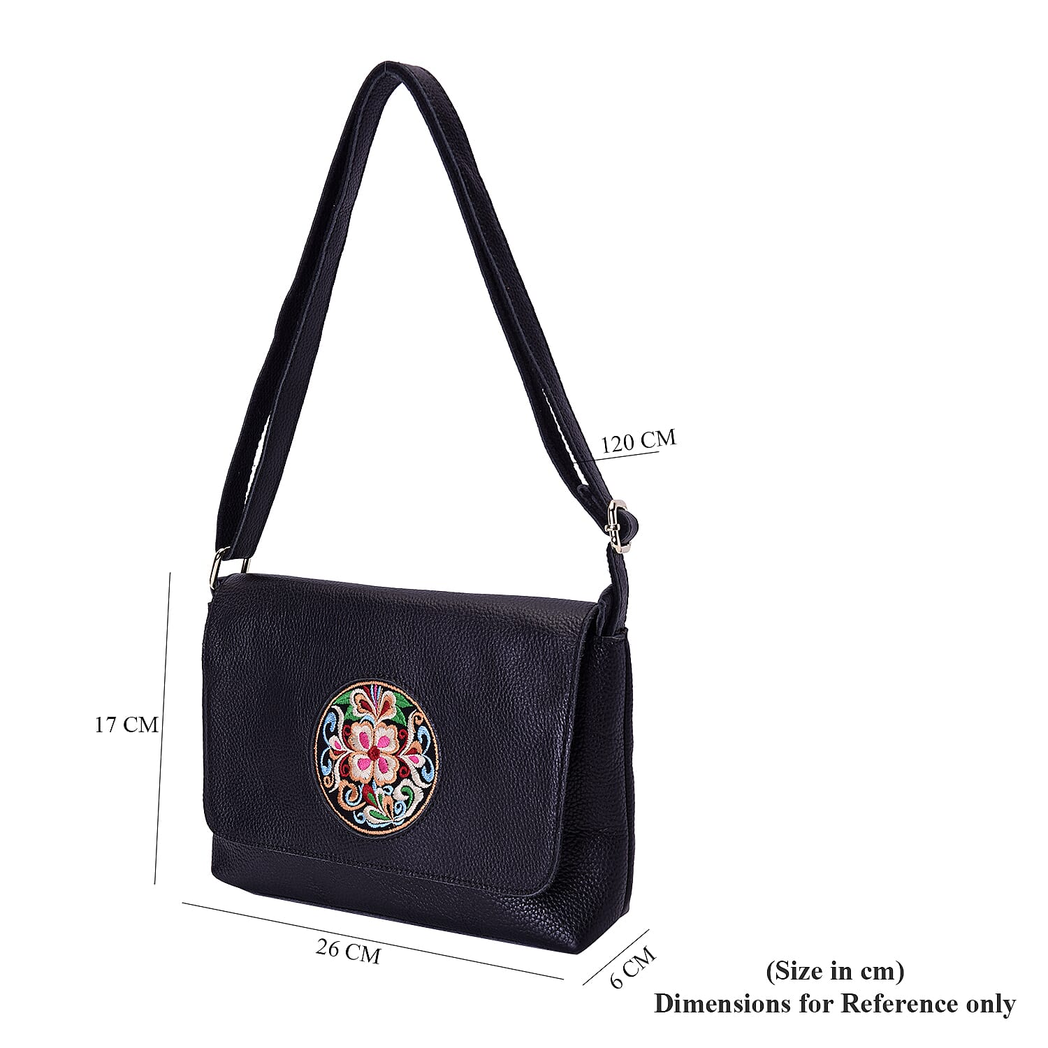 Genuine Leather Adjustable Crossbody Bag (25x18x7cm) with Embroidered Flower Pattern - Black
