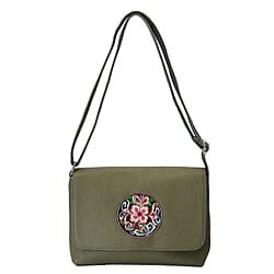 100% Genuine Leather Adjustable Crossbody Bag (25x18x7cm) with Embroidered Flower Pattern - Green