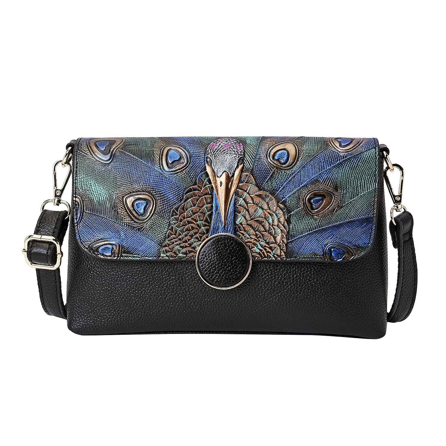 100% Genuine Leather Peacock Embossed Pattern Crossbody Bag (25x18x7cm) with Magnetic Closure in Black