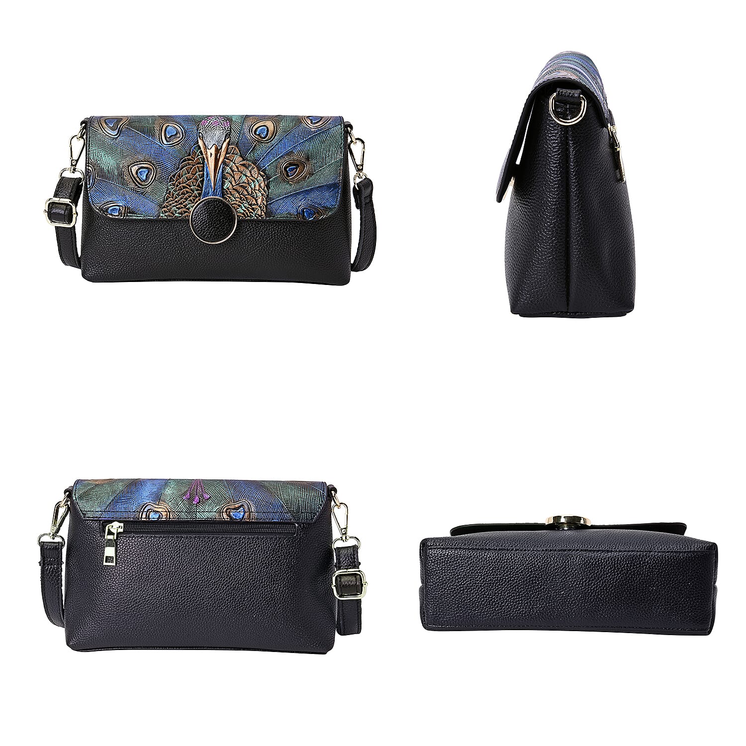 100% Genuine Leather Peacock Embossed Pattern Crossbody Bag (25x18x7cm) with Magnetic Closure in Black