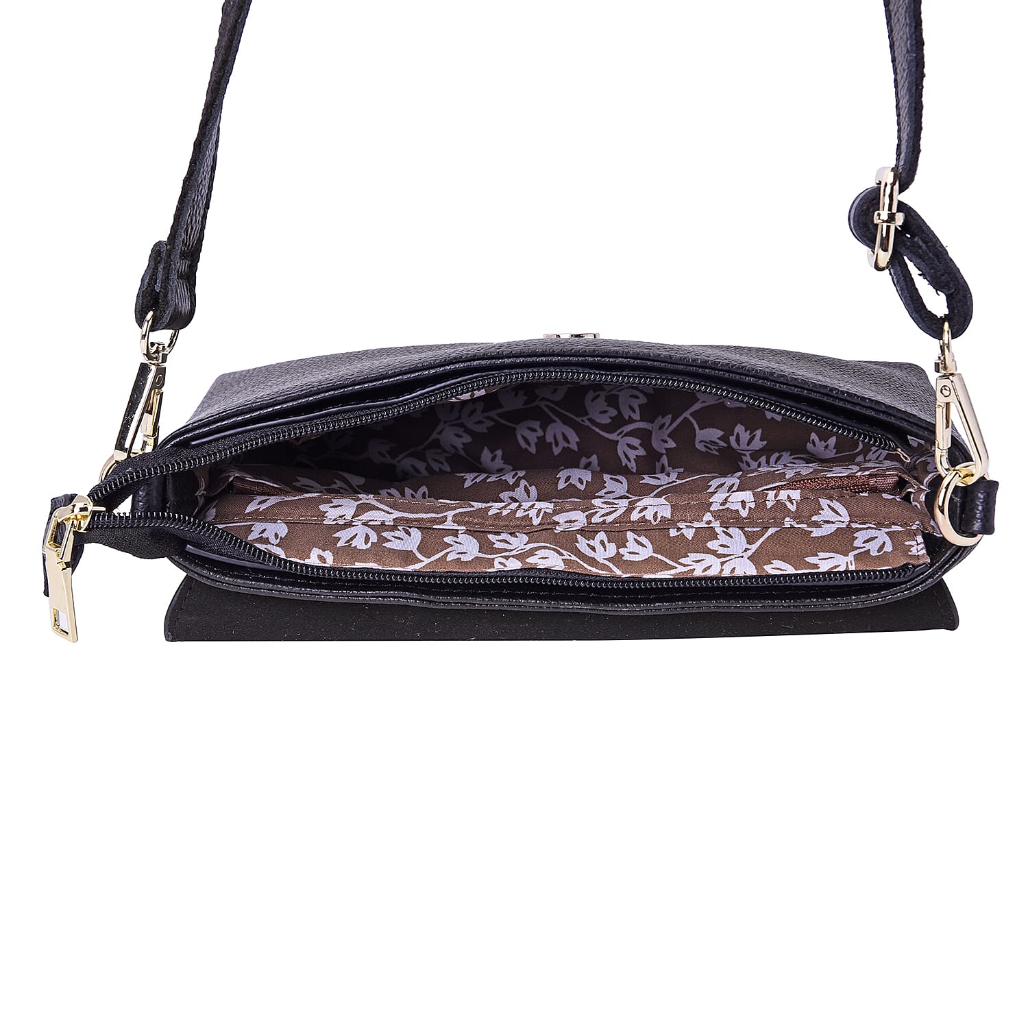 100% Genuine Leather Peacock Embossed Pattern Crossbody Bag (25x18x7cm) with Magnetic Closure in Black