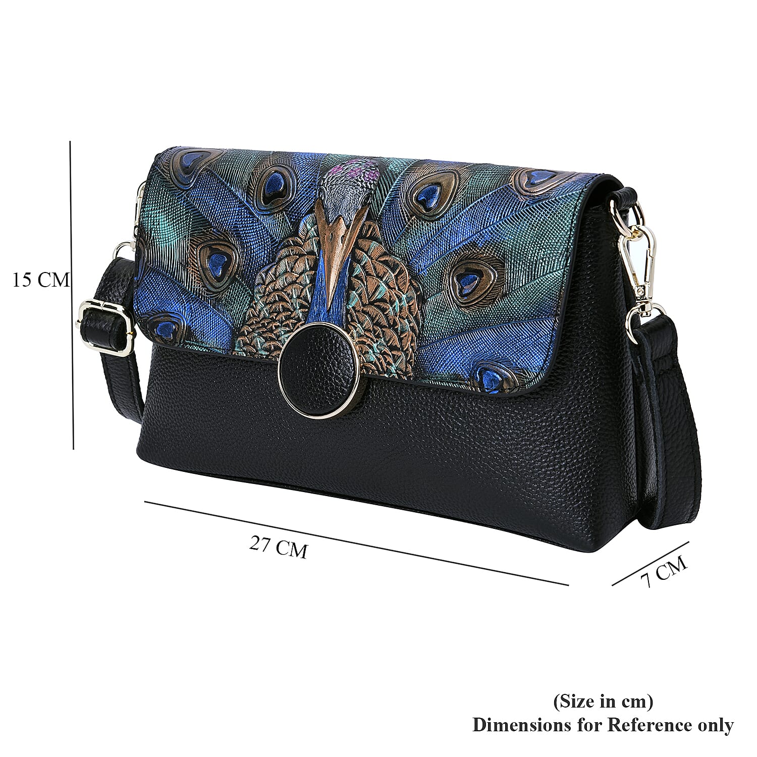 100% Genuine Leather Peacock Embossed Pattern Crossbody Bag (25x18x7cm) with Magnetic Closure in Black