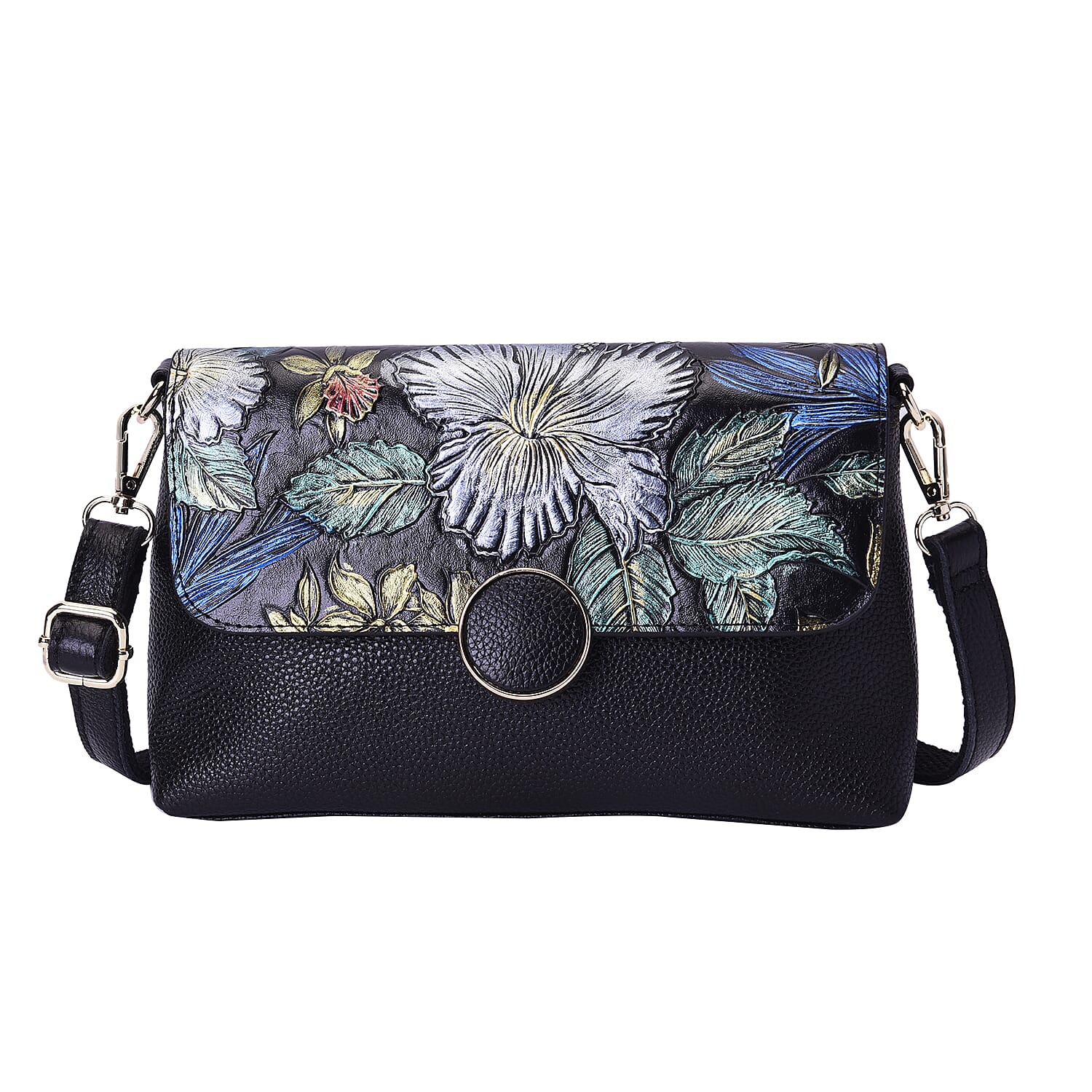 100% Genuine Leather Floral Embossed Pattern Crossbody Bag (25x18x7cm) with Magnetic Closure in Black