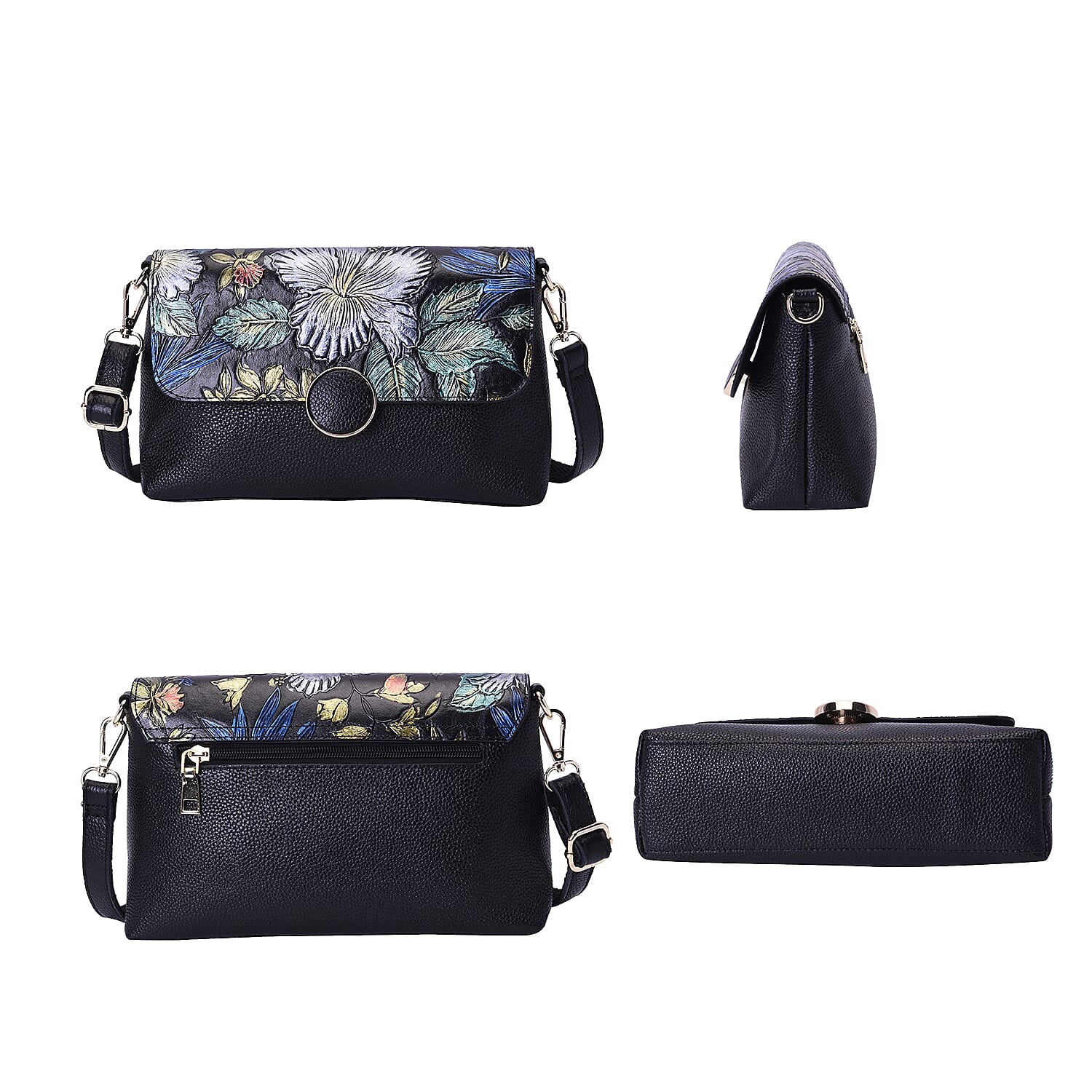 100% Genuine Leather Floral Embossed Pattern Crossbody Bag (25x18x7cm) with Magnetic Closure in Black