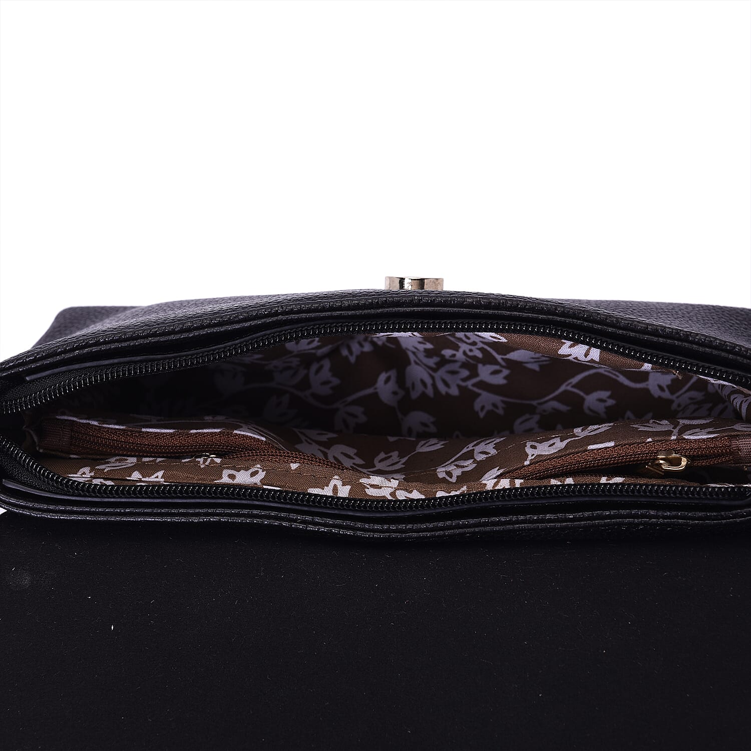 100% Genuine Leather Floral Embossed Pattern Crossbody Bag (25x18x7cm) with Magnetic Closure in Black