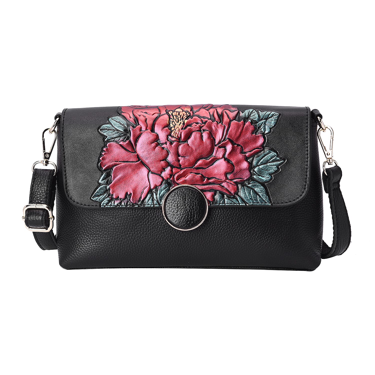 100% Genuine Leather Red Peony Embossed Pattern Crossbody Bag (25x18x7cm) with Magnetic Closure in Black