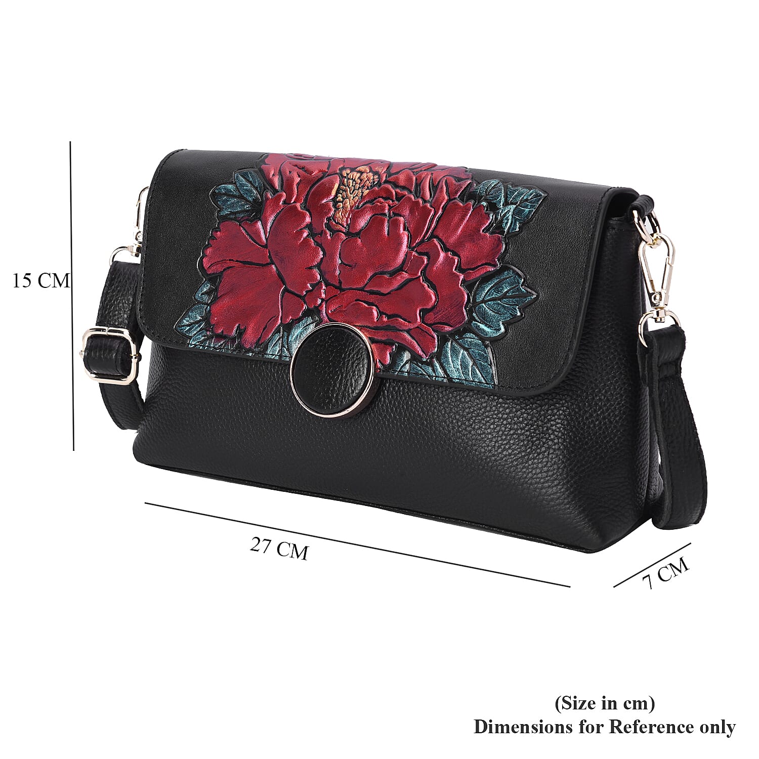 100% Genuine Leather Red Peony Embossed Pattern Crossbody Bag (25x18x7cm) with Magnetic Closure in Black