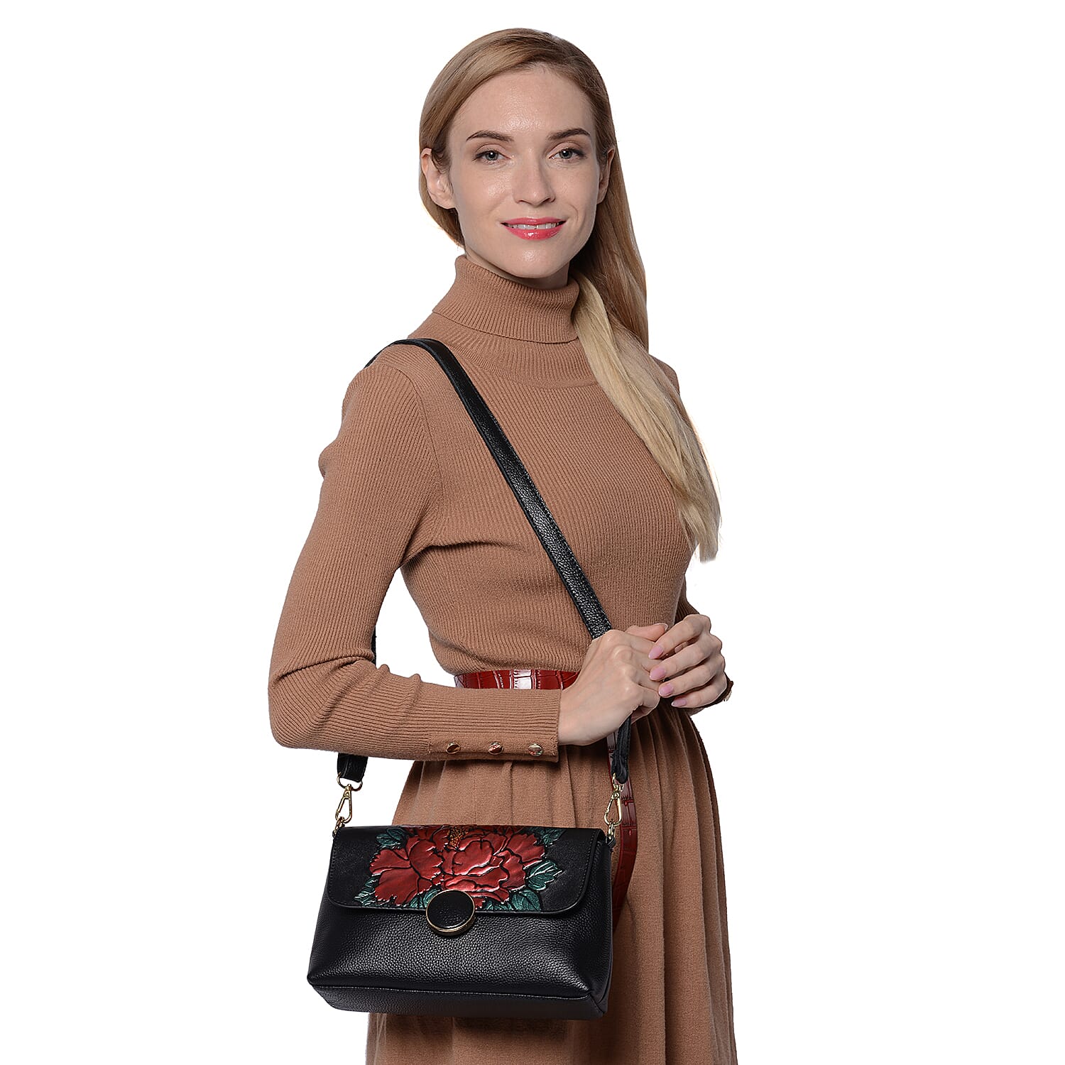 100% Genuine Leather Red Peony Embossed Pattern Crossbody Bag (25x18x7cm) with Magnetic Closure in Black