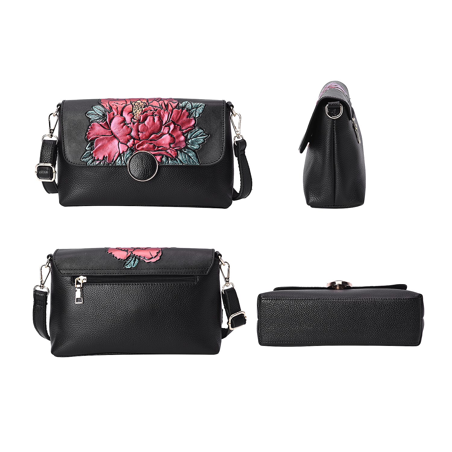 100% Genuine Leather Red Peony Embossed Pattern Crossbody Bag (25x18x7cm) with Magnetic Closure in Black