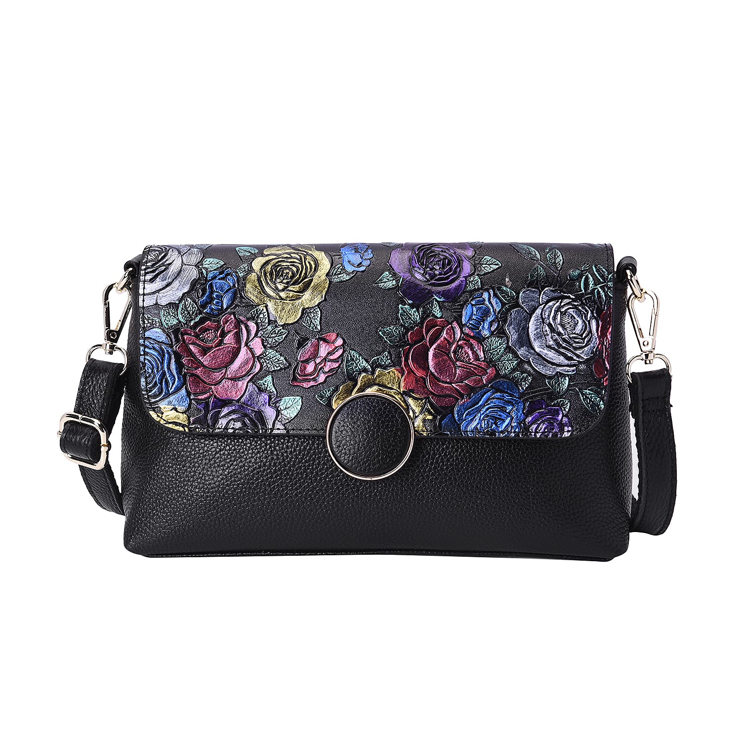 100% Genuine Leather Multi Colour Floral Embossed Pattern Crossbody Bag (25x18x7cm) with Magnetic Closure in Black