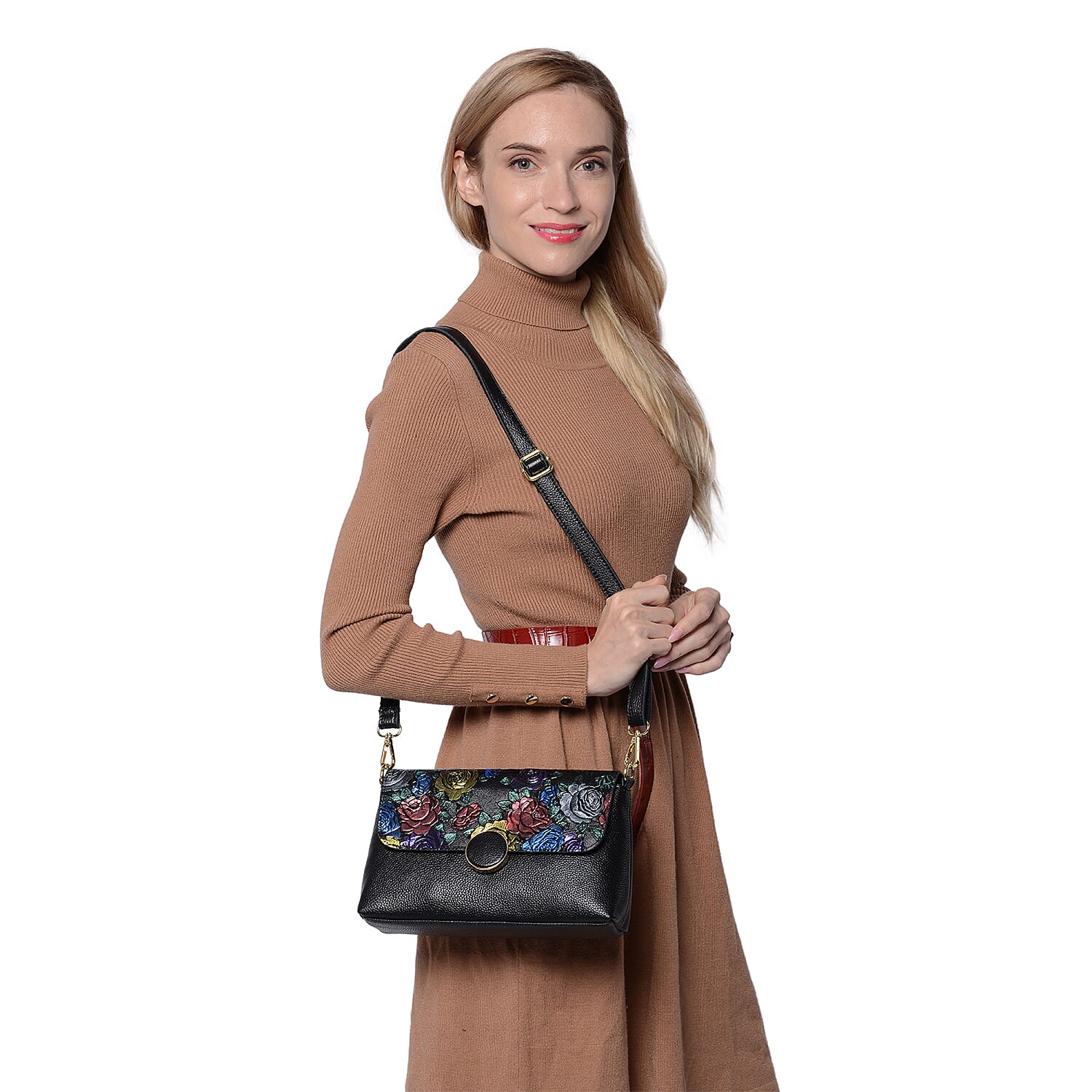 100% Genuine Leather Multi Colour Floral Embossed Pattern Crossbody Bag (25x18x7cm) with Magnetic Closure in Black