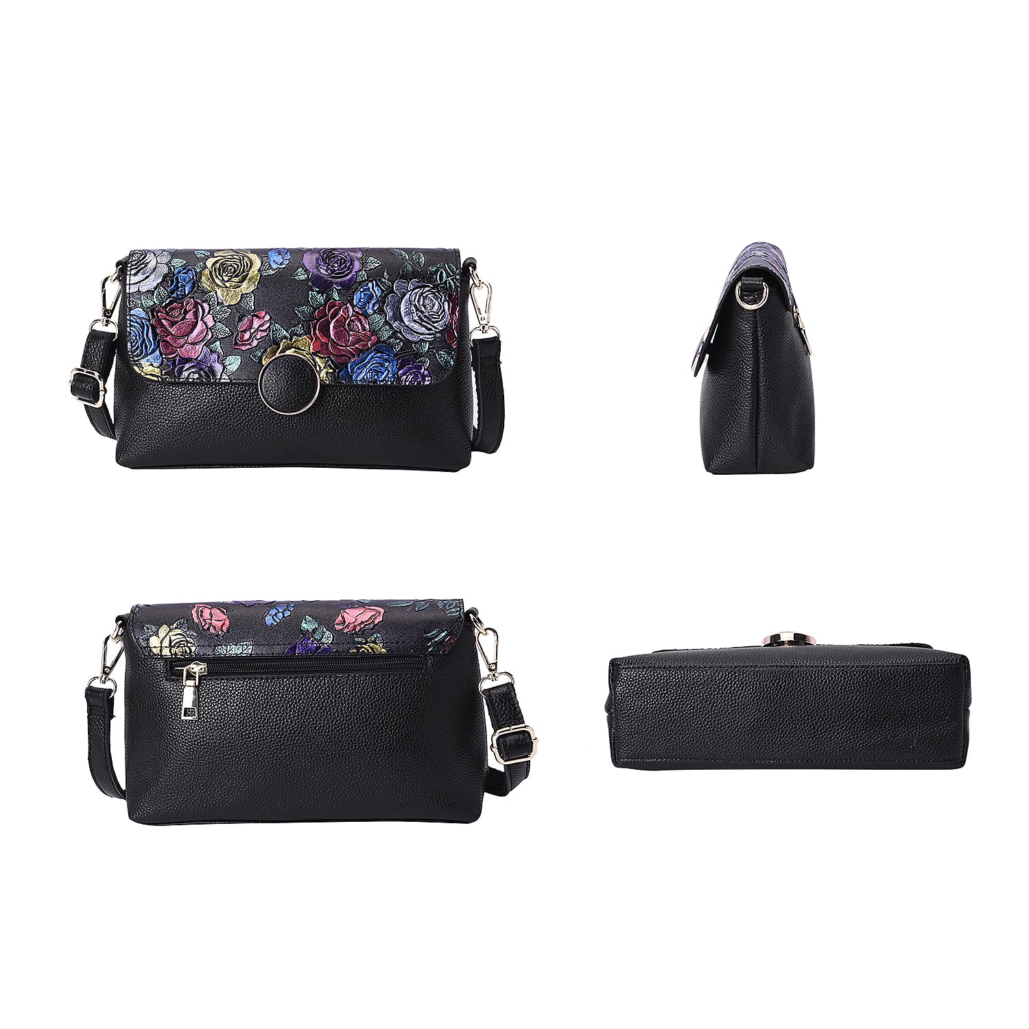100% Genuine Leather Multi Colour Floral Embossed Pattern Crossbody Bag (25x18x7cm) with Magnetic Closure in Black