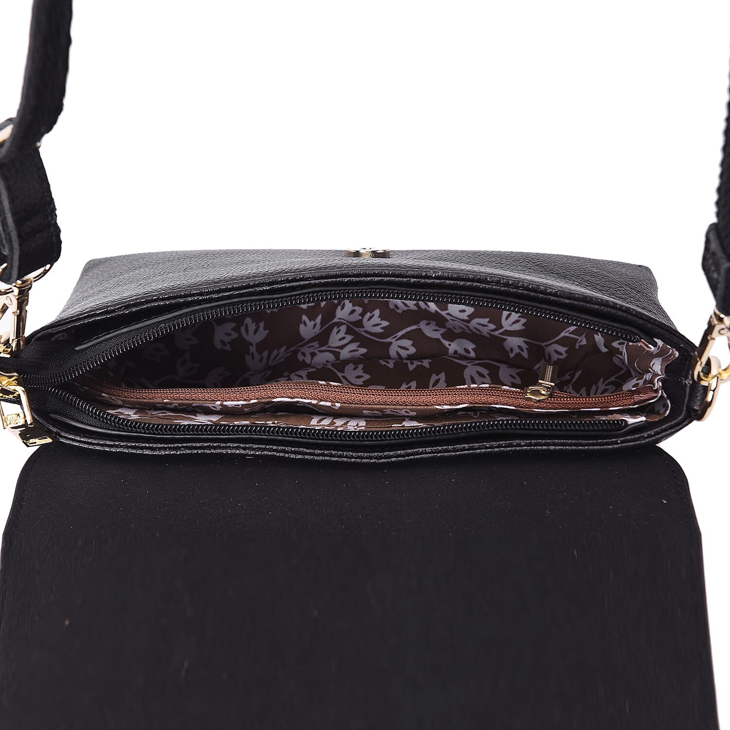 100% Genuine Leather Multi Colour Floral Embossed Pattern Crossbody Bag (25x18x7cm) with Magnetic Closure in Black