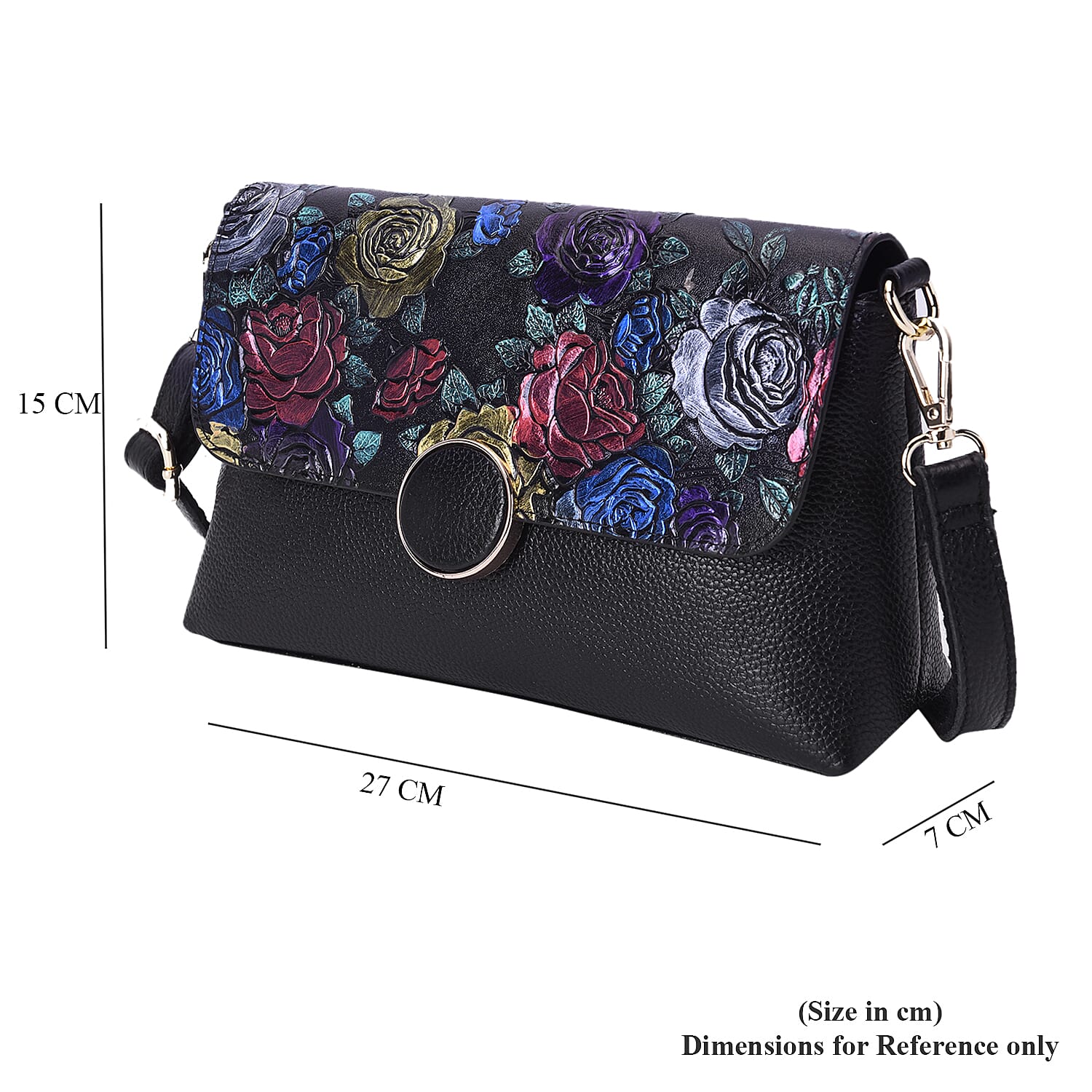 100% Genuine Leather Multi Colour Floral Embossed Pattern Crossbody Bag (25x18x7cm) with Magnetic Closure in Black