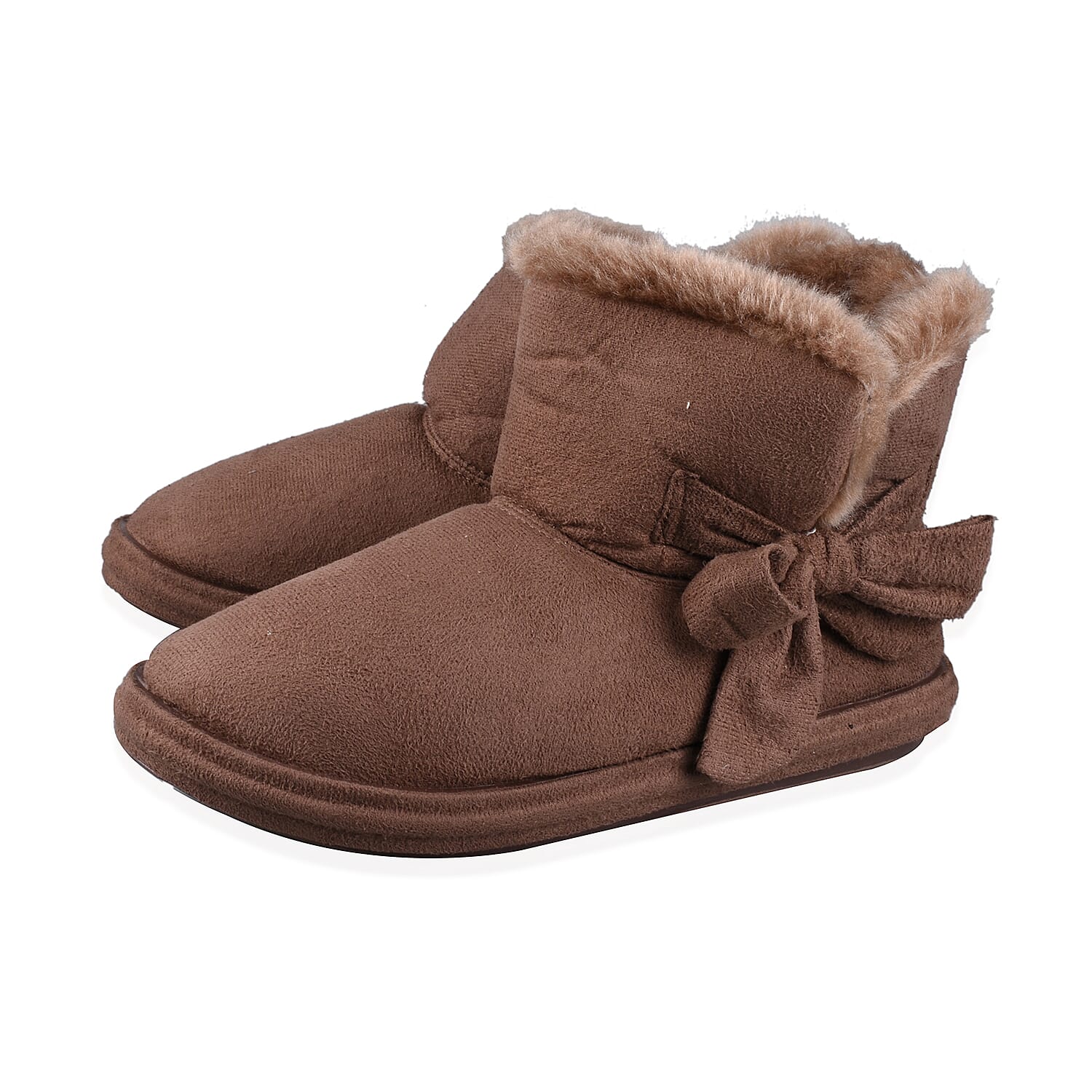 Womens Comfy Winter Bootie Slippers with Bow - Dark Brown