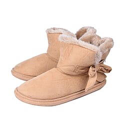 Womens Comfy Winter Bootie Slippers with Bow - Dark Brown