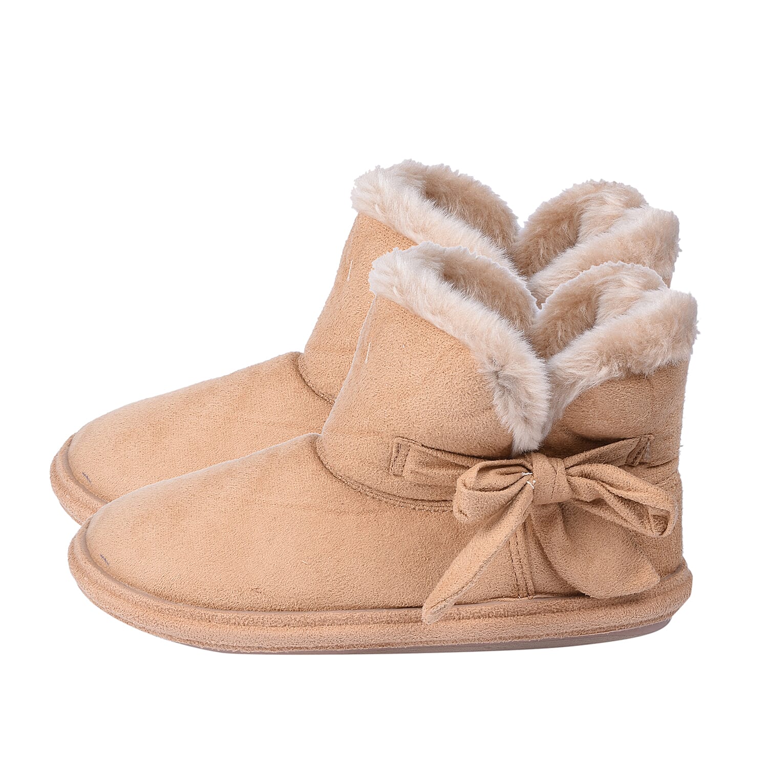 Womens Comfy Winter Bootie Slippers with Bow - Dark Brown